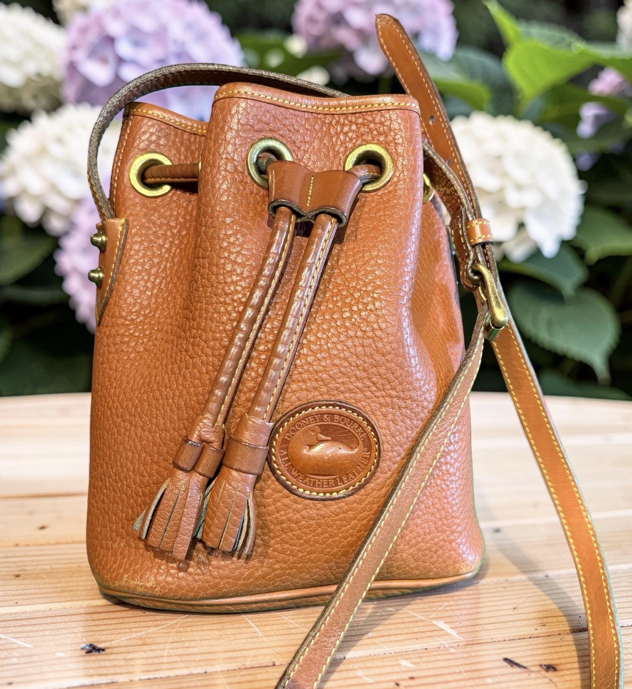 Dooney Bourke Brown Vintage R134 Mini Bucket Drawstring Shoulder Bag Leather