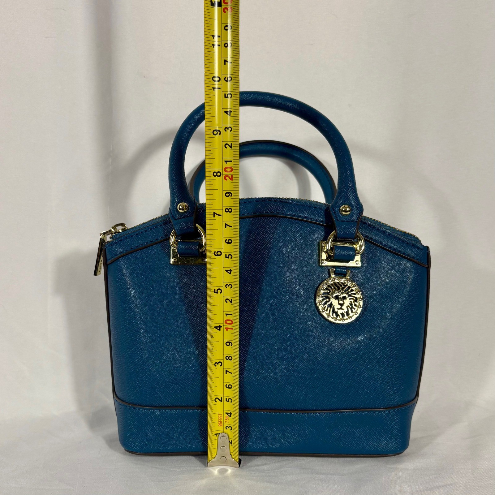 Anne Klein Blue Dome Satchel Handbag Lion Medallion Gold Hardware