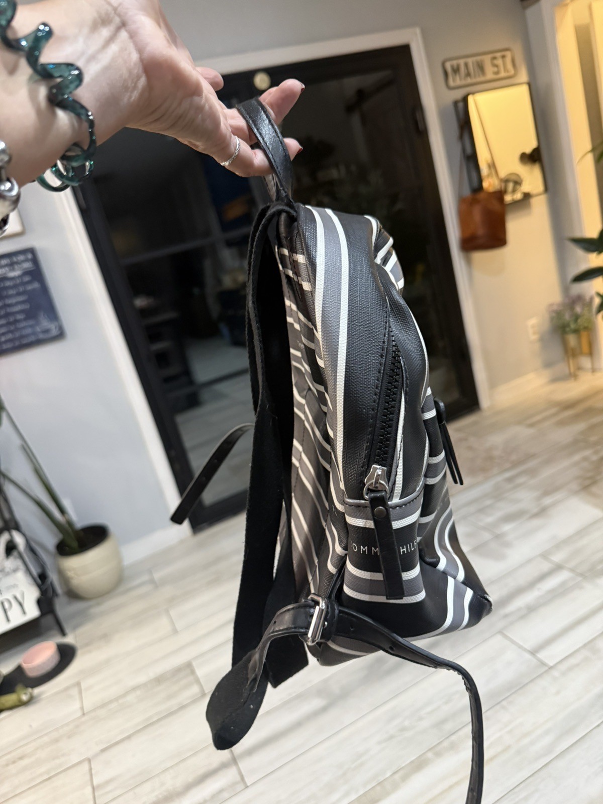 Tommy Hilfiger Small Backpack Striped Shoulder Black & White Bag