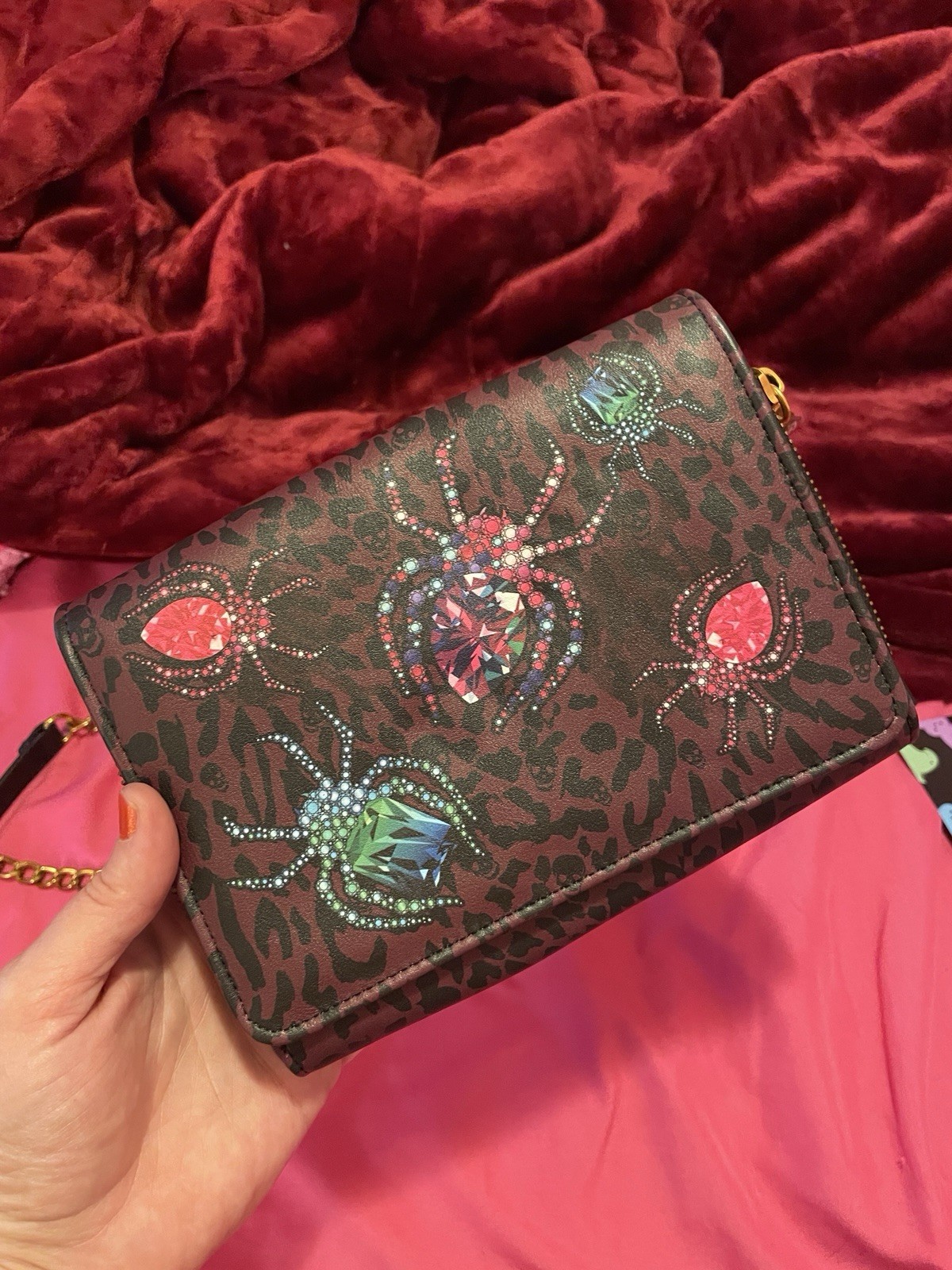 Betsey Johnson Animal Print Spider Rhinestone Crossbody Wallet, Detachable Strap