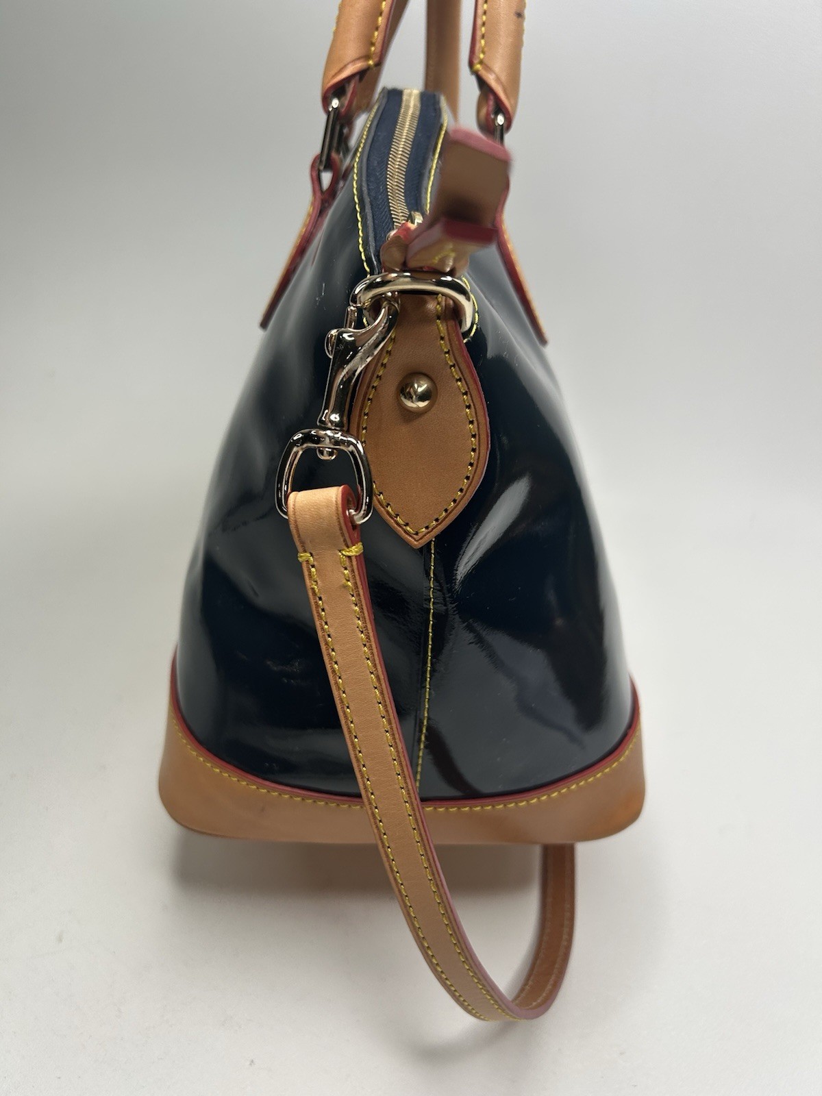 DOONEY & BOURKE Large Dark Navy Patent Leather Satchel Bag Tan Trim & Strap