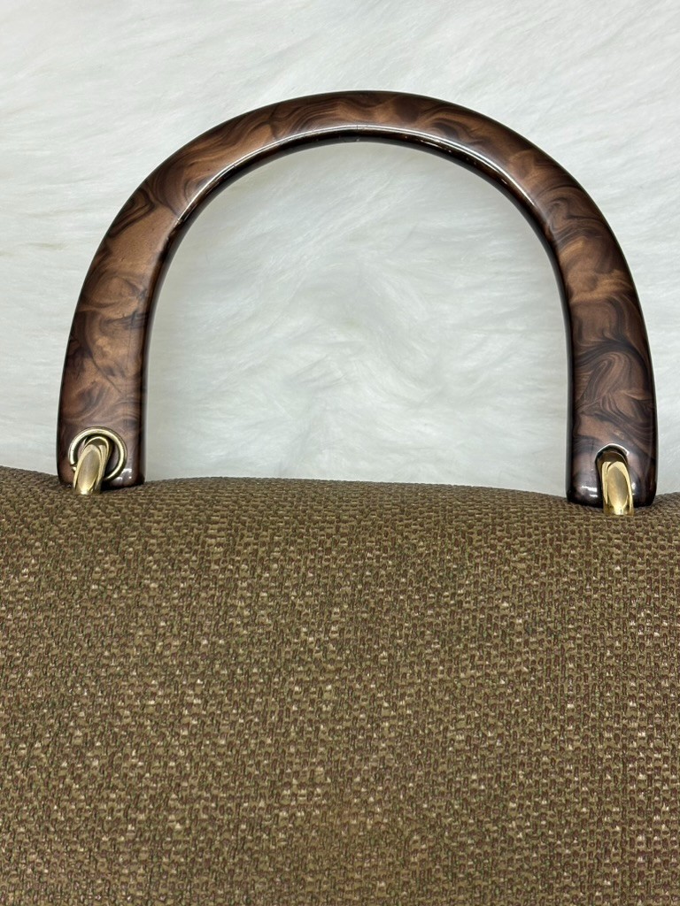 Structured Top Handle Purse Tortoise Acrylic Handle Neutral Woven Handbag