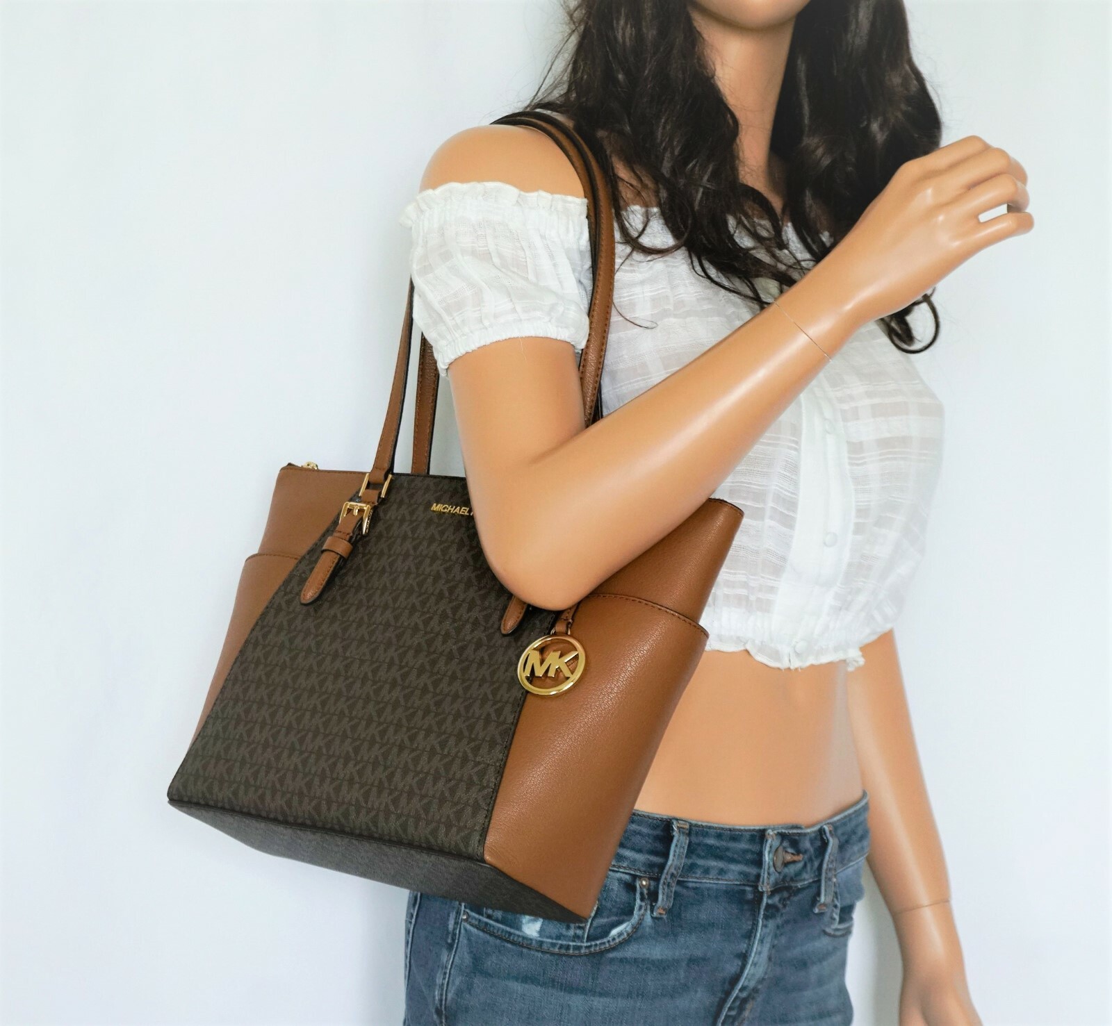 MICHAEL KORS CHARLOTTE LARGE SHOULDER TOTE BAG PURSE MK SIGNATURE BROWN