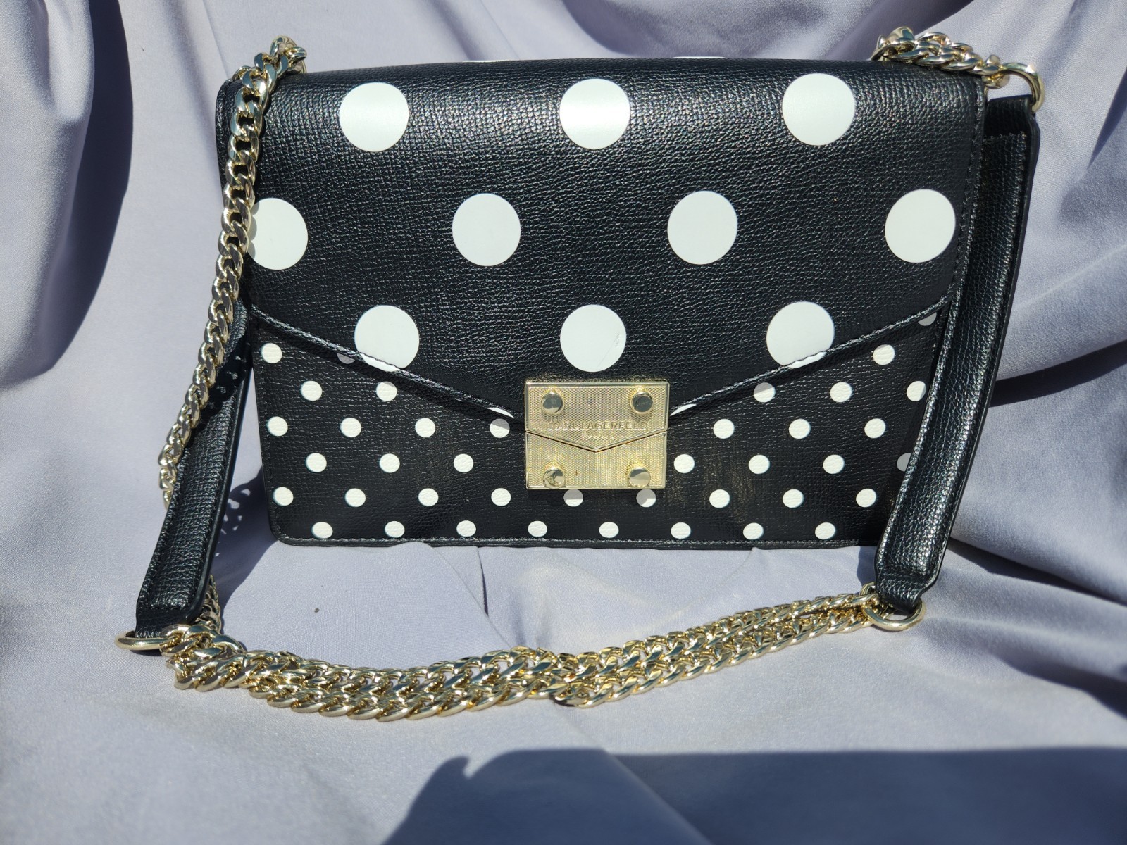 karl lagerfeld black white polka dot Crossbody Bag gold chain push lock