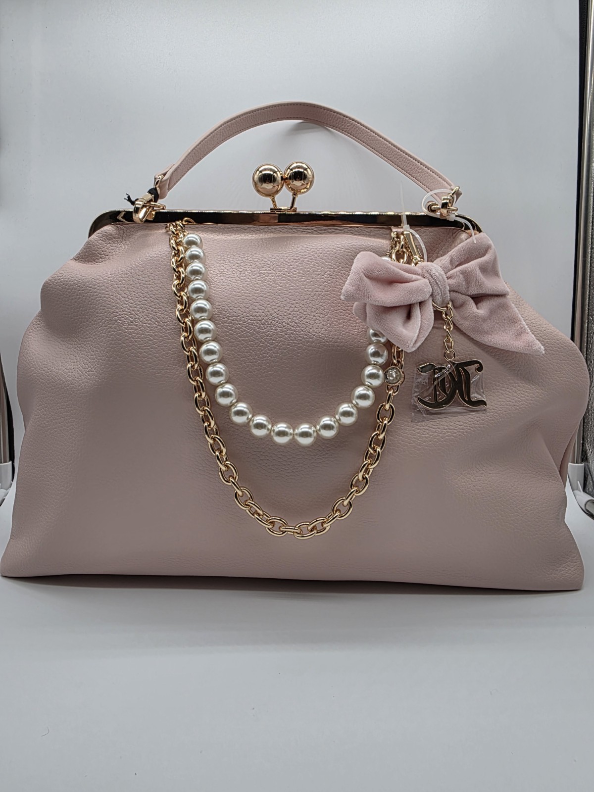 Juicy Couture Pink Kiss Lock Shoulder Bag Bow Pearl Rhinestone Charm Pockets