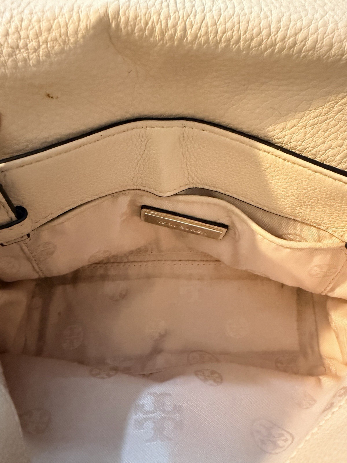 Tory Burch Pebbled Crossbody Bag Beige Logo Pattern Gold Hardware