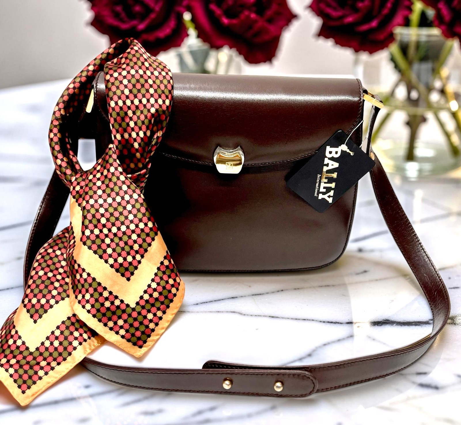 NEW Classic Evening Bally Shoulder Bag Brown Leather +100% Silk Scarf(9