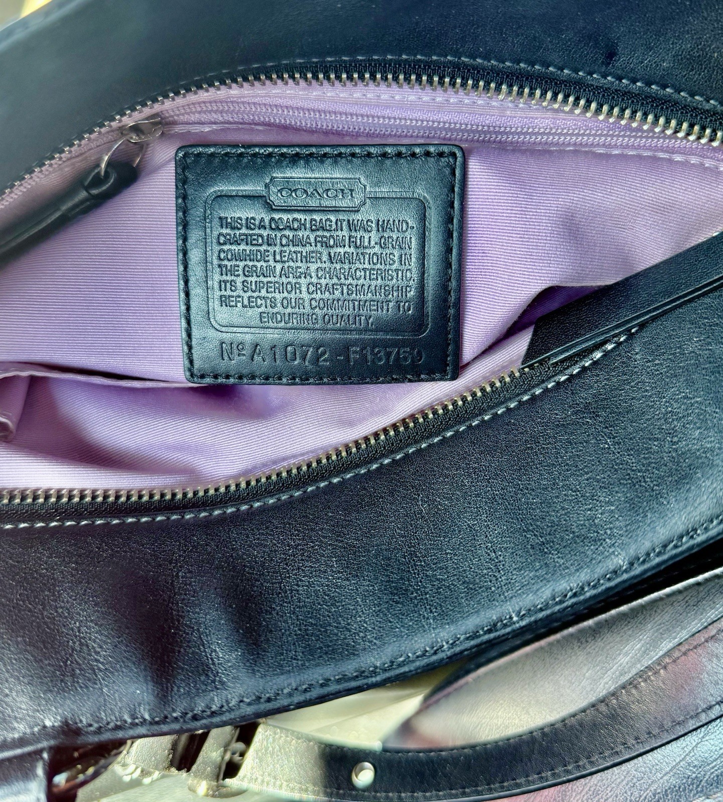 Coach Black Leather East West Gallery Medium Tote Handbag with Lavender Lining