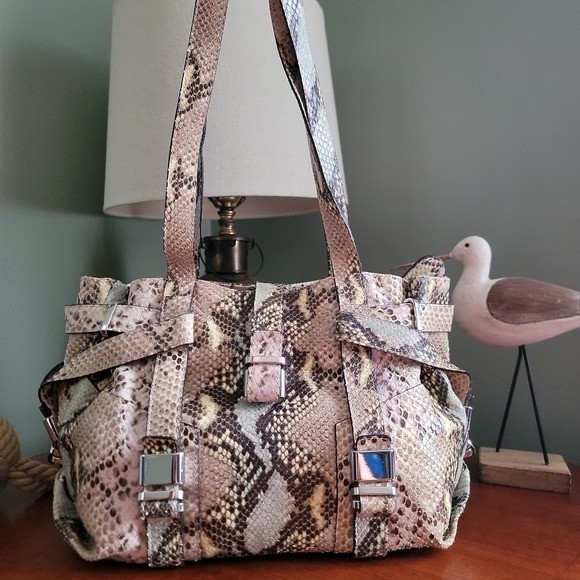 L.K. Bennett Anna Python Snakeskin Satchel Tan Blue Leather Italy Bag