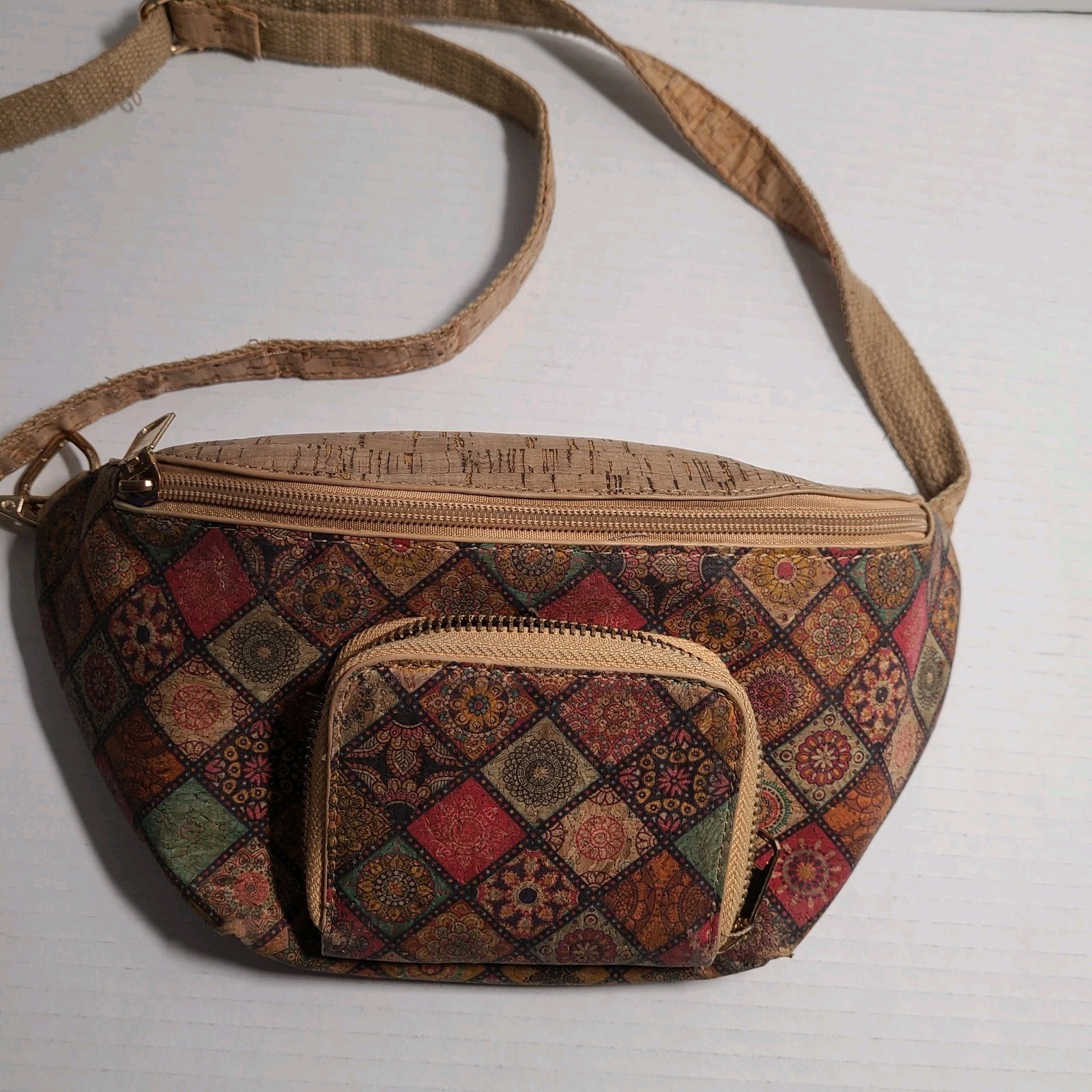 Boho Patchwork Cork Fanny Pack With Flip Out Card Holder