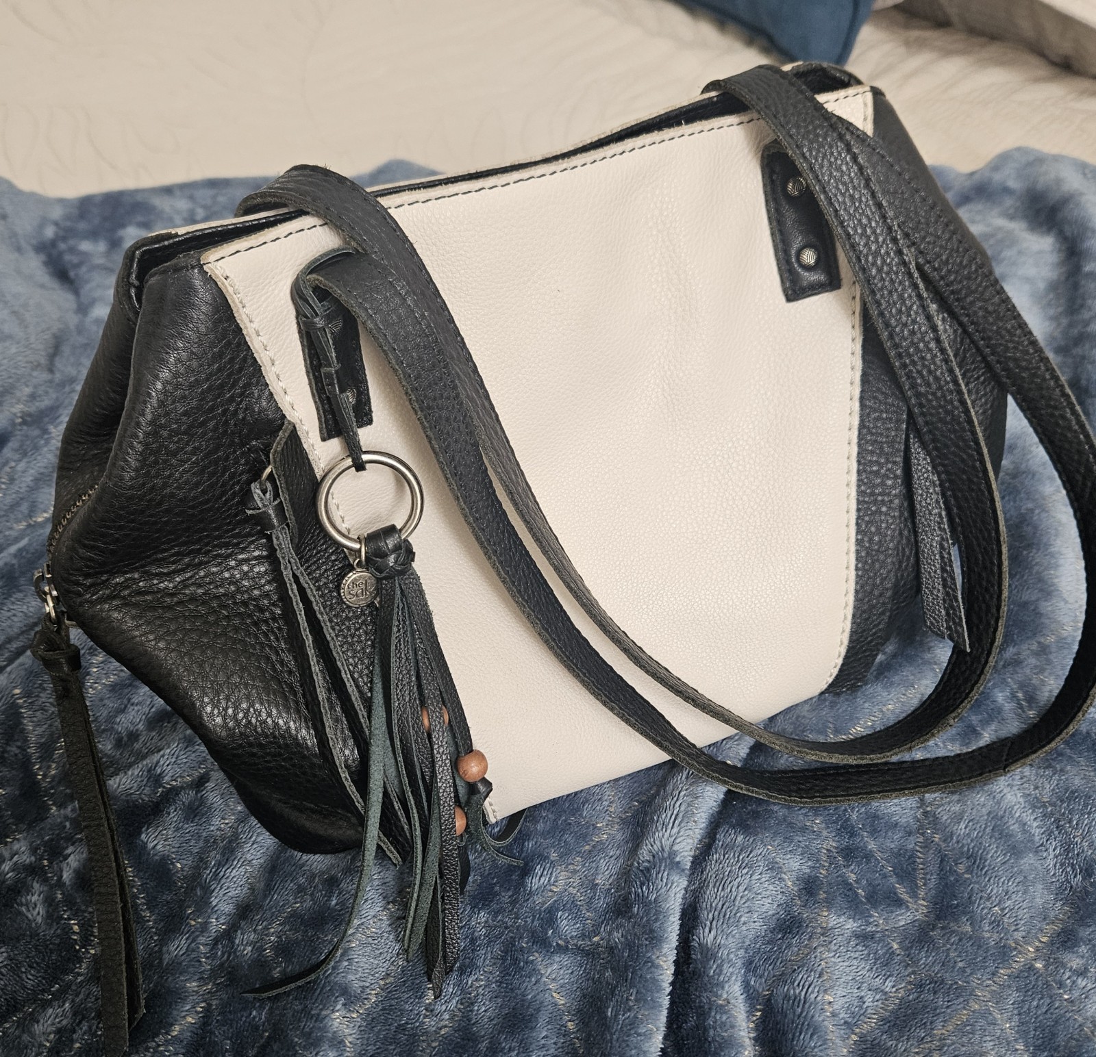 The SAK Paramount Black White Cream Pebble Leather Satchel Shoulder Bag Purse