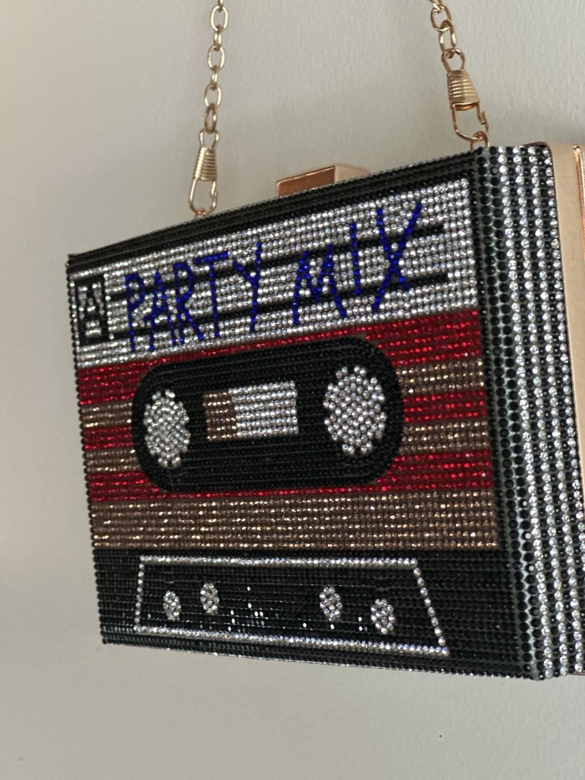 Rhinestone Cassette Tape Clutch Purse Party Mix Hard Case Bag w/2 Straps