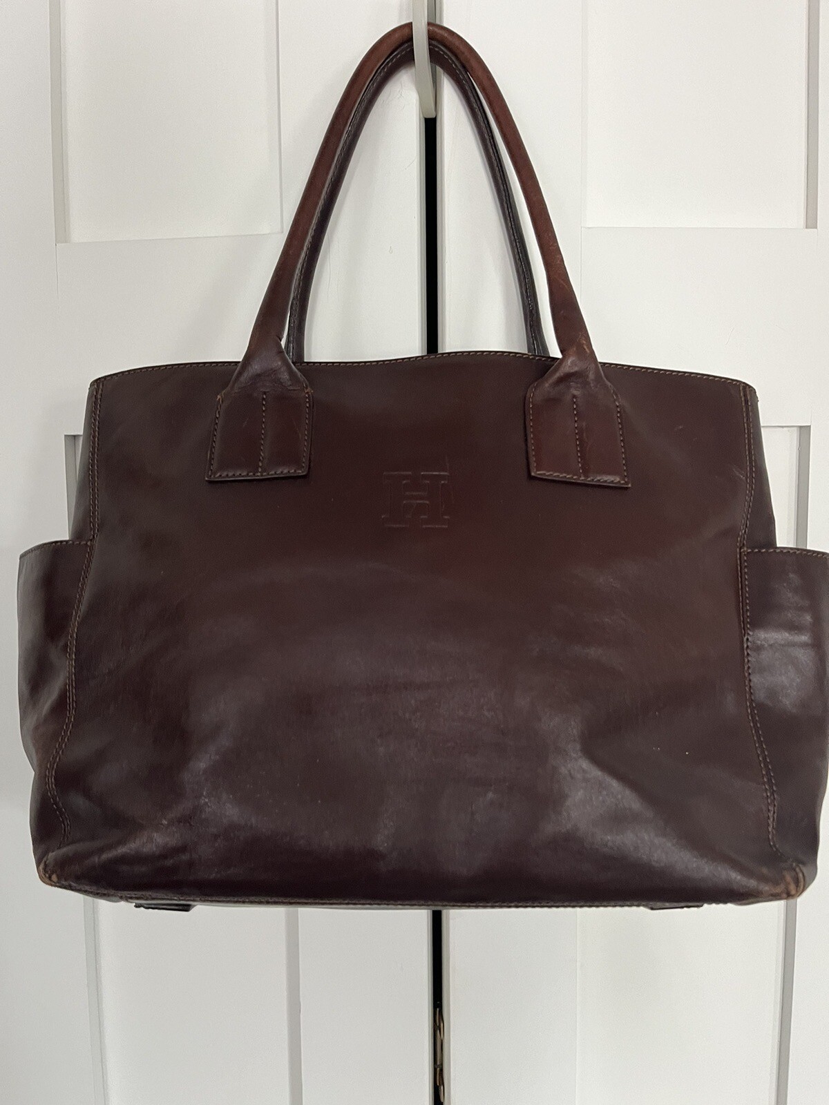 Hirofu H Logo Tote Bag Shoulder Purse Work Briefcase Thick Leather Dark Brown