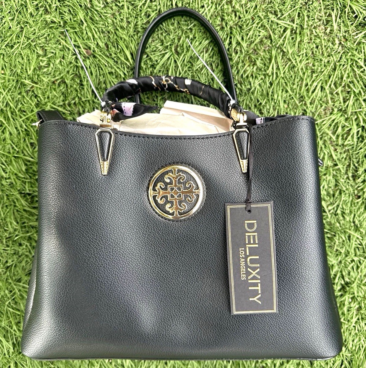 Deluxity Medium Black Satchel Top Handle Zip, Gold Hardware, Detachable Strap