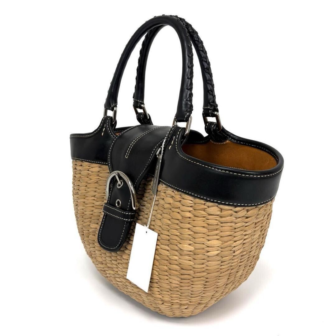 COACH Straw Leather Basket Handbag Camel Black Woven Handle Authentic From JP