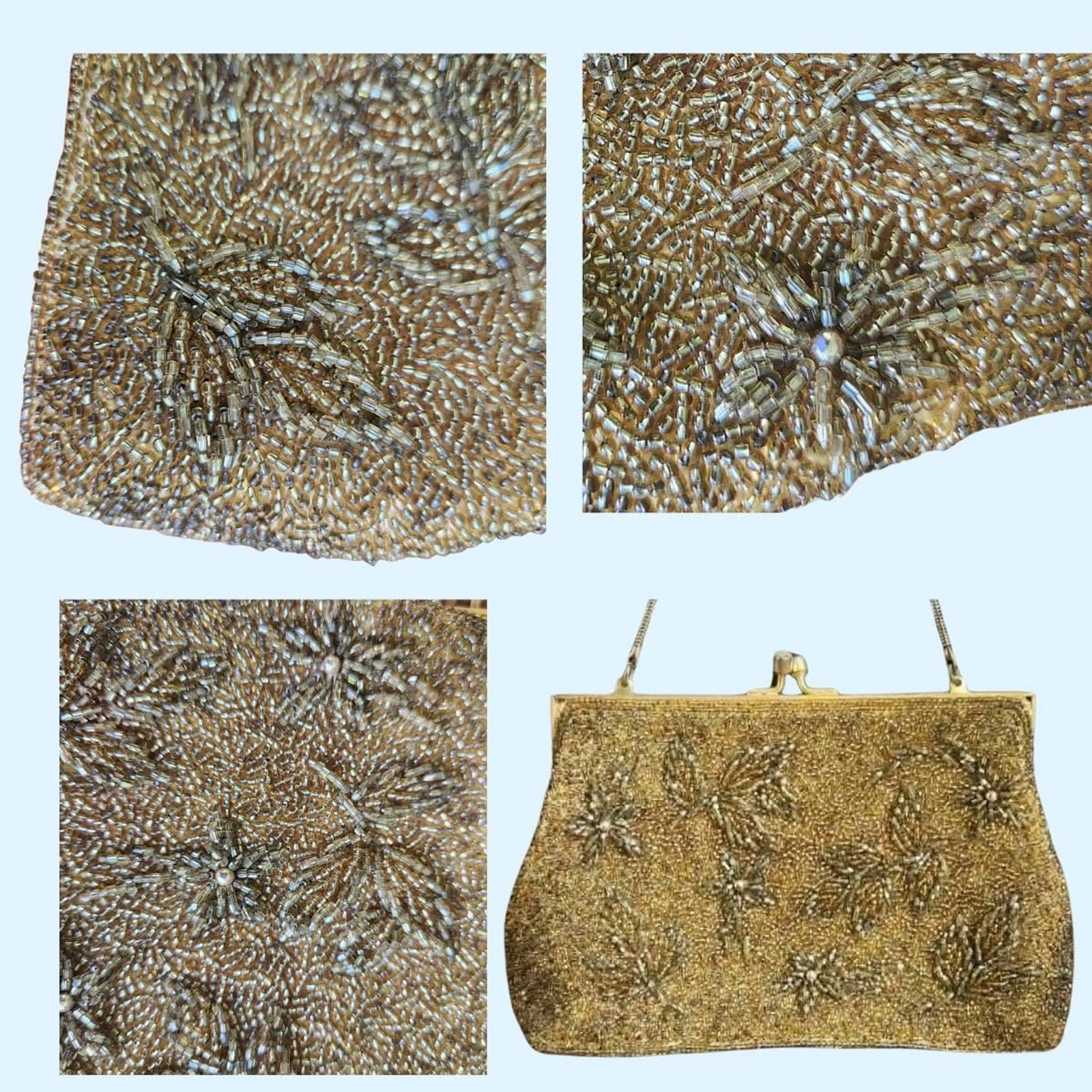 Antique Handbag, Crystal Microbead Gold Floral Kiss Clasp, 1920s Purse Clutch