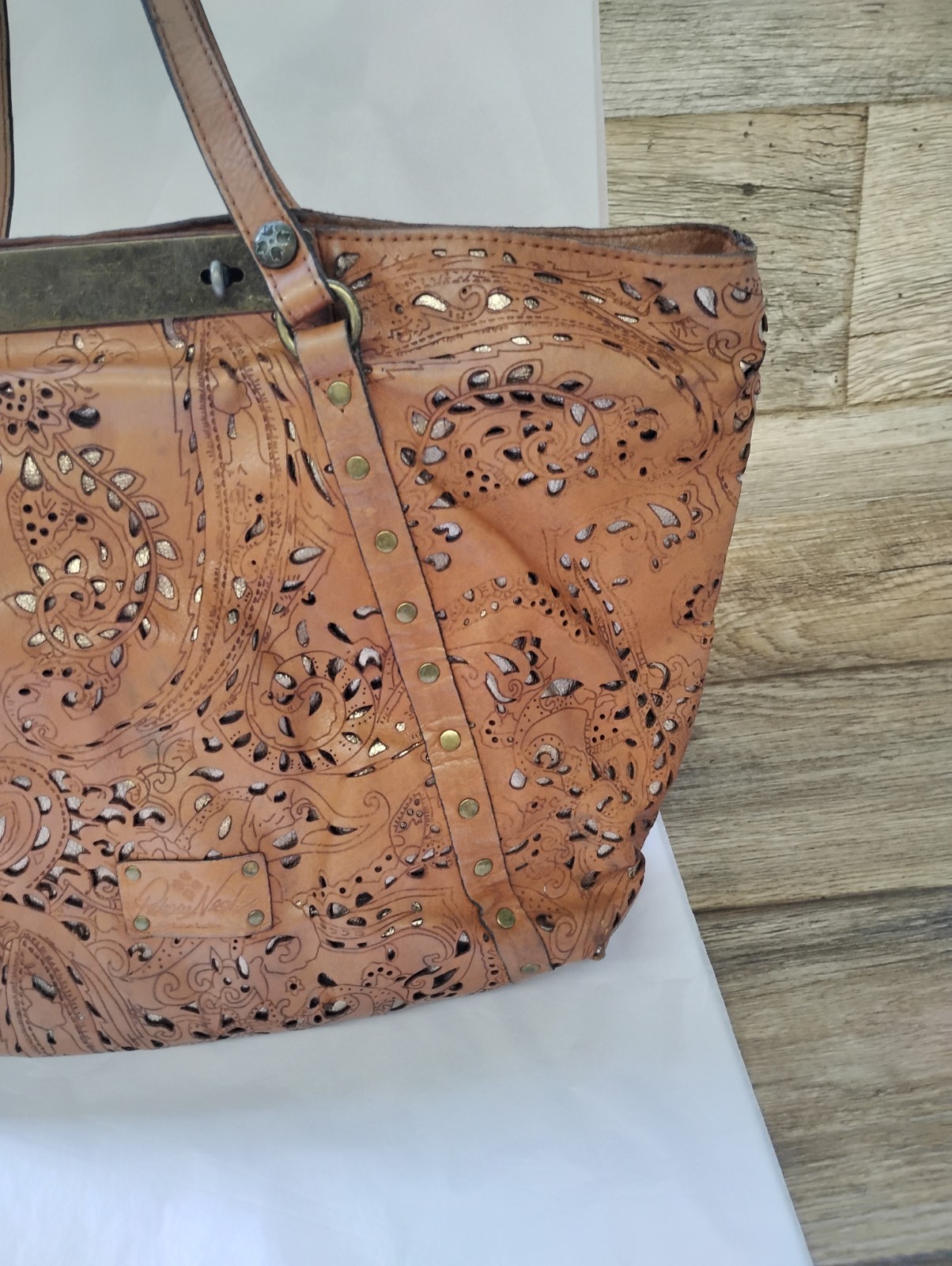 Patricia Nash Tooled Cut Out Tote Bag Italian Leather