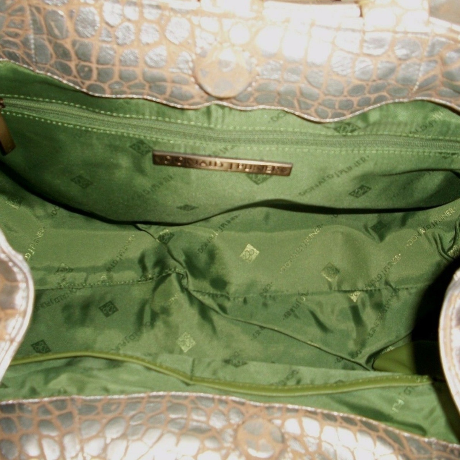 Donald Pliner Gator Metallic Leather Silk Linen Purse Handbag Large Tote $425