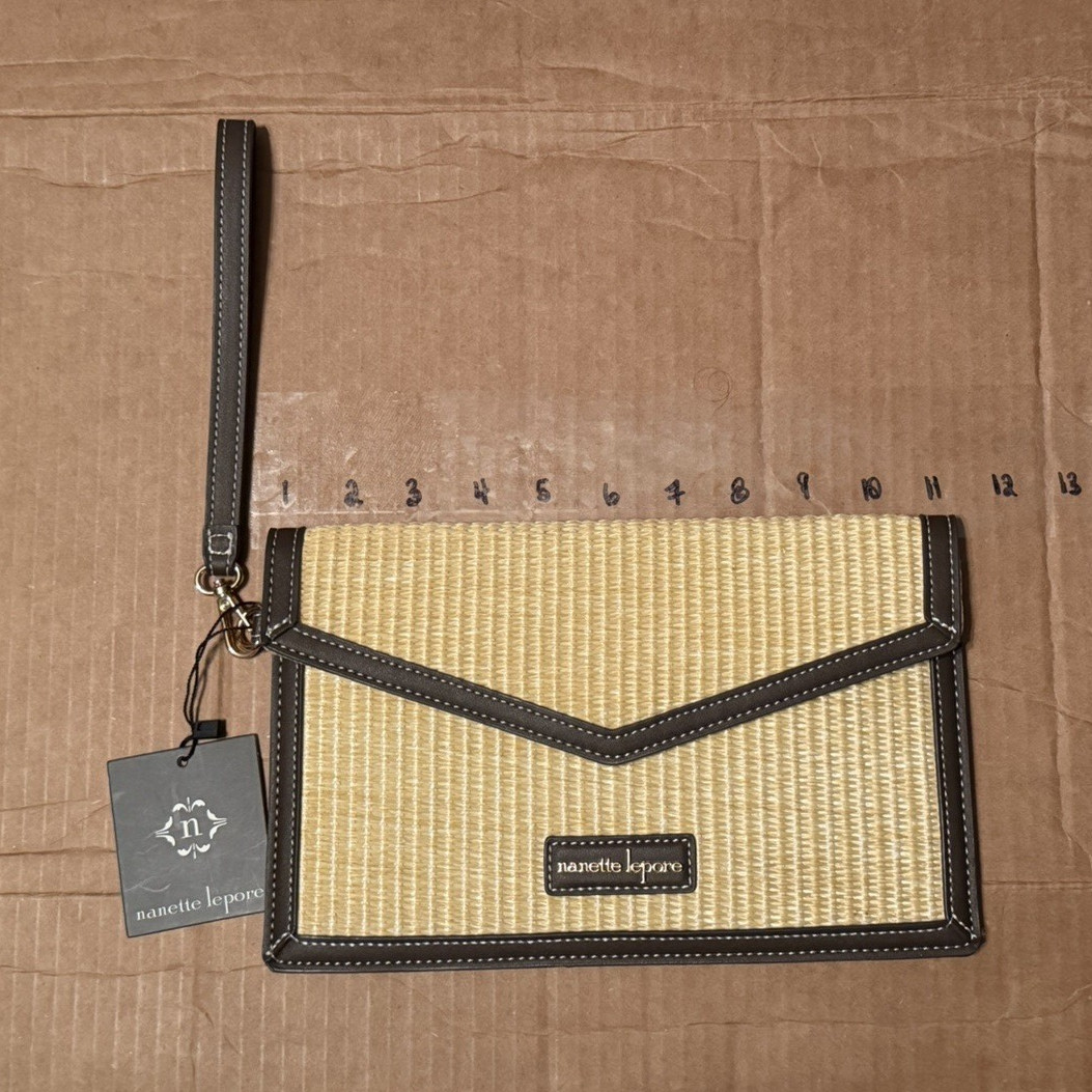 Nanette Lepore Beige/Brown Woven Wristlet Snap Closure Wrist Strap Pockets Lined