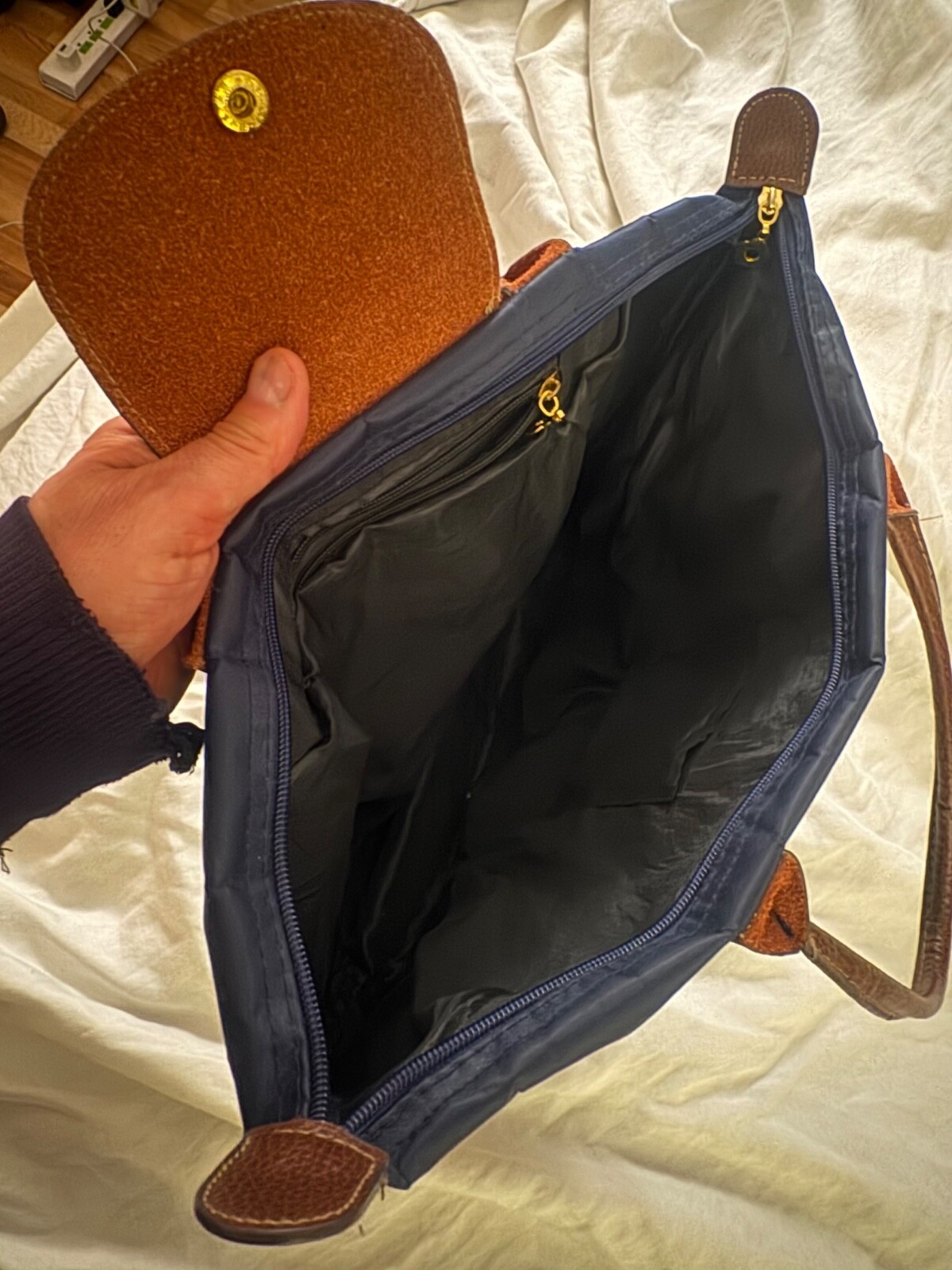 Le Pliage-inspired astral blue nylon tote 12”medium packable long handles used