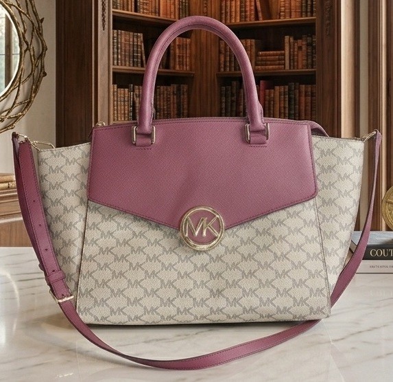 Michael Kors Hudson Medium Satchel | Burgundy & Cream Signature Logo Crossbody