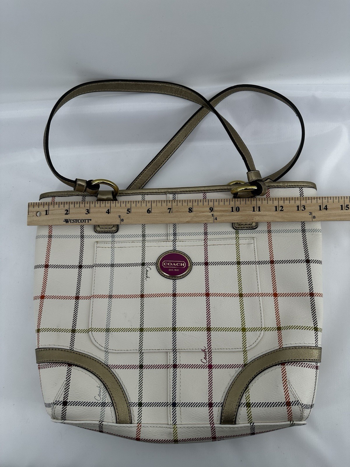 Authentic Coach Peyton Tattersall Multi-Color Shoulder Tote Purse Gold Trim