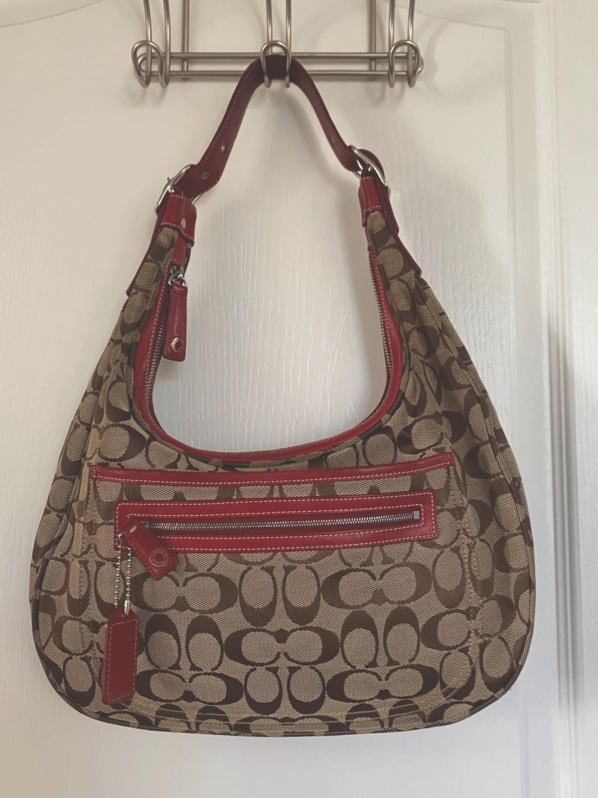 Coach Signature Shoulder Bag Brown Red Outer Pockets with matching sunglass case