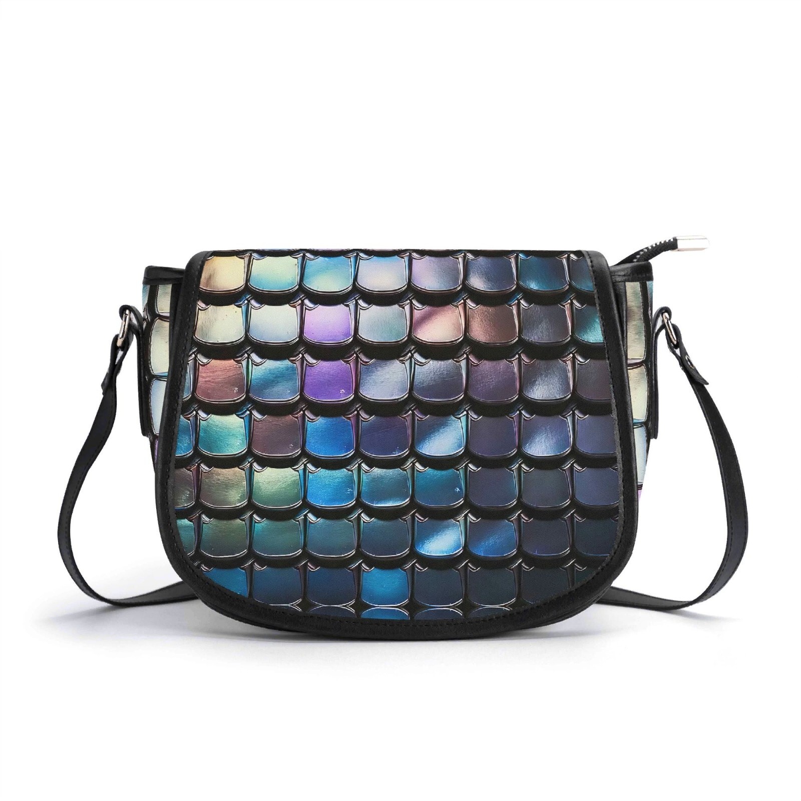 Sequin Iridescent Scales Genuine Leather Saddle Shoulder Bag Handbag Purple Blue