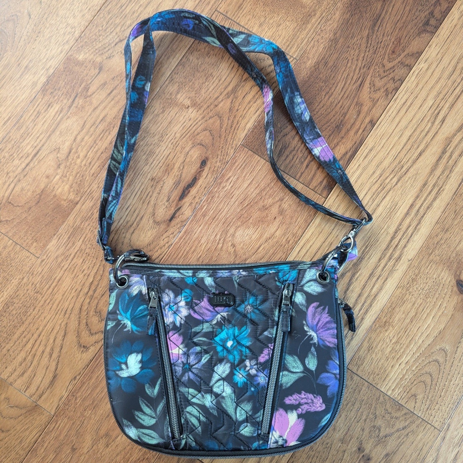 Lug Swivel Crossbody Bag Midnight Floral Quilted Nylon Packable Tote Set of 2