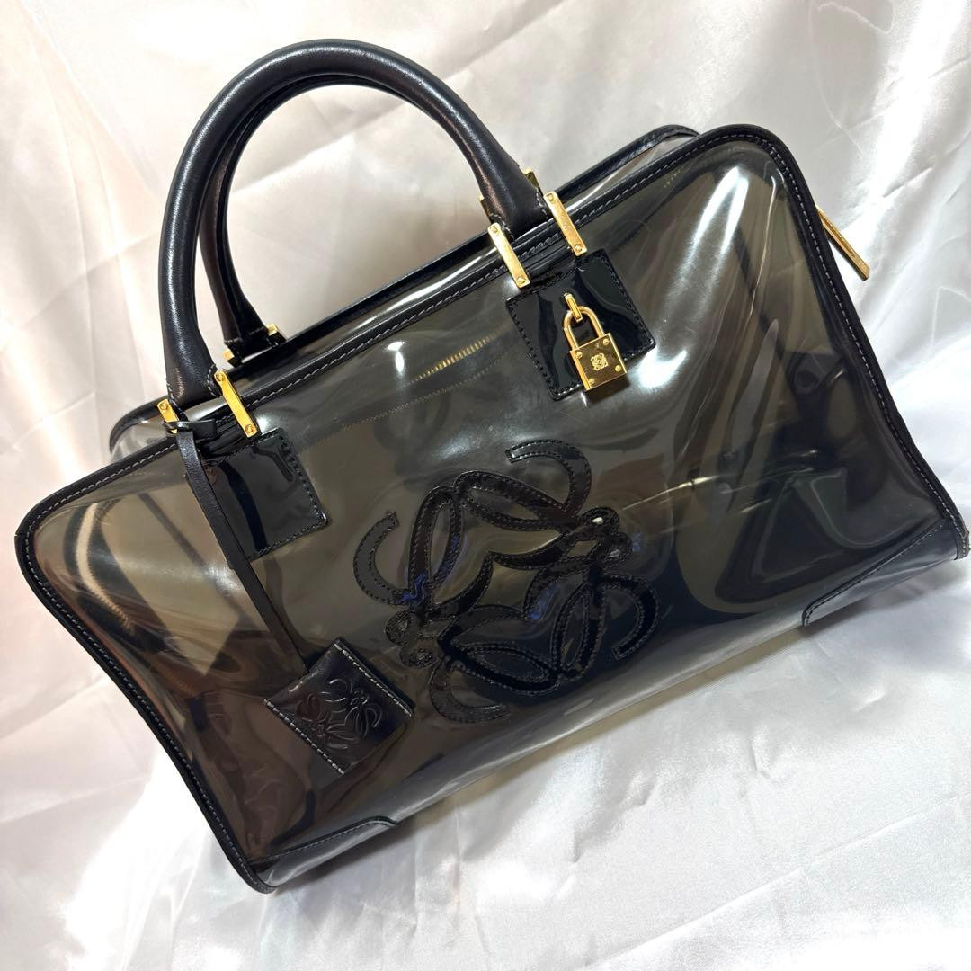 Loewe Amazona 36 Clear PVC Leather Handbag Black Anagram Gold Hardware Authe