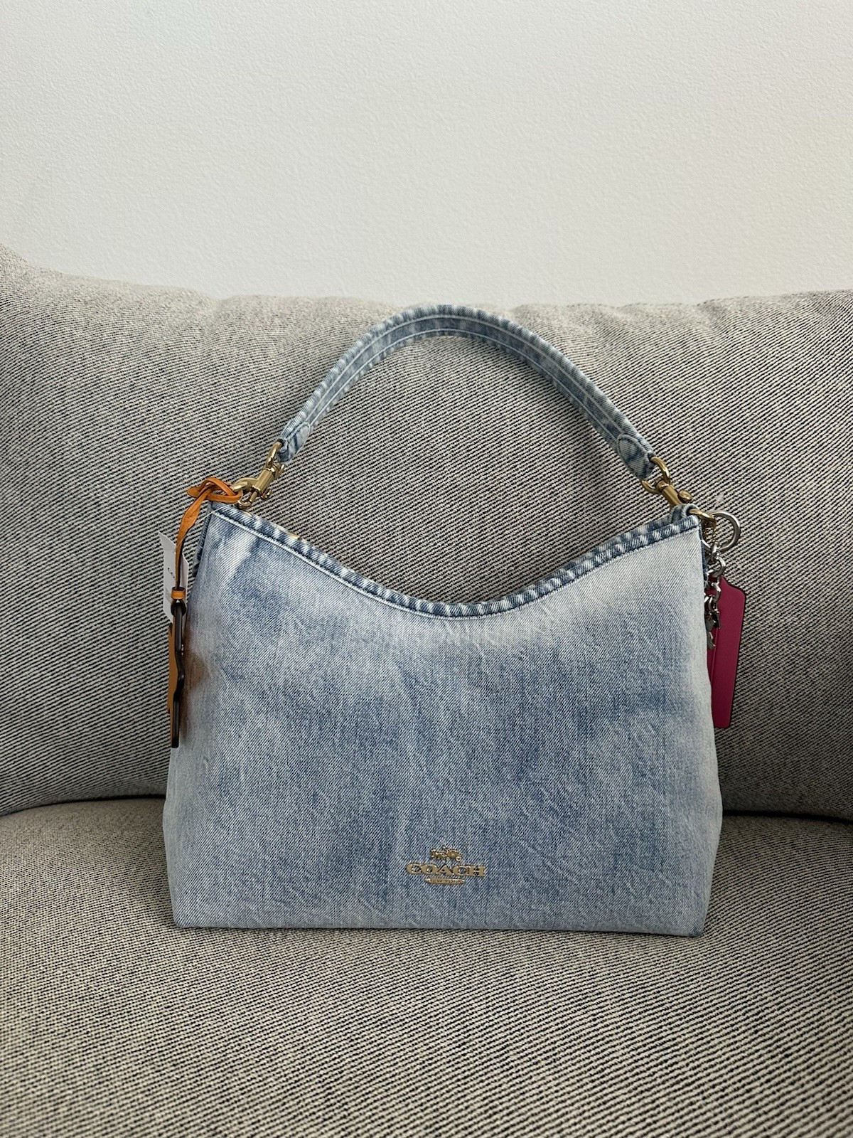 NWT Coach Laurel Shoulder Bag In Loved Denim With Charms CEF26