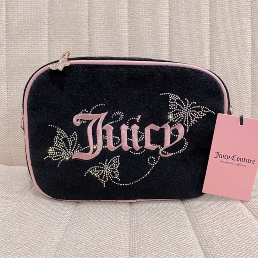 NEW Juicy Couture Black Terry Butterfly Rhinestone Camera Bag Crossbody Pink