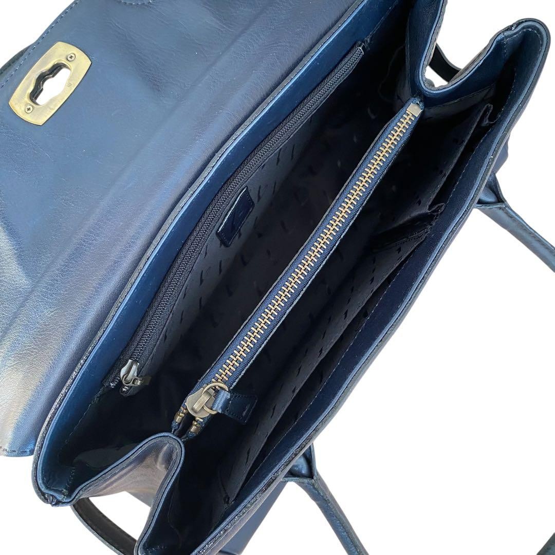 Tsuchiya Kaban Navy Leather Turn Lock Tote Bag Women Lightweight Auth