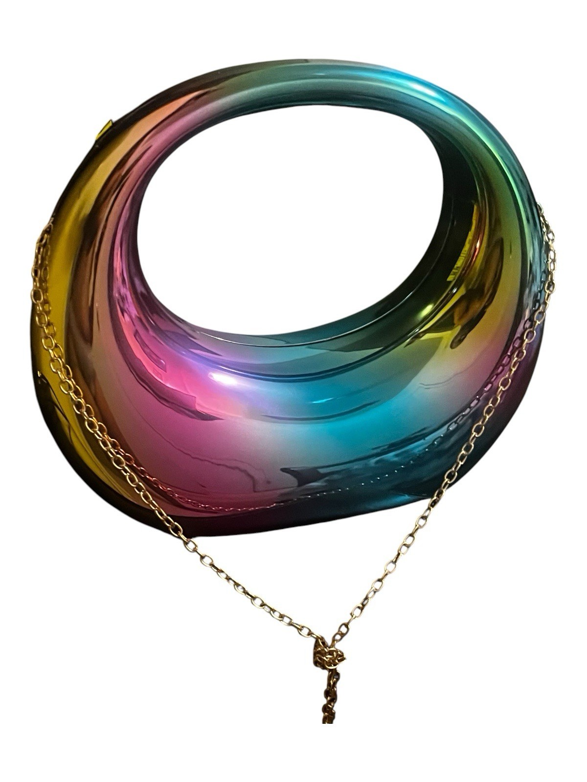 Multicolor Iridescent Oval Clutch Shoulder Bag w/ Detachable Gold Chain, Glossy