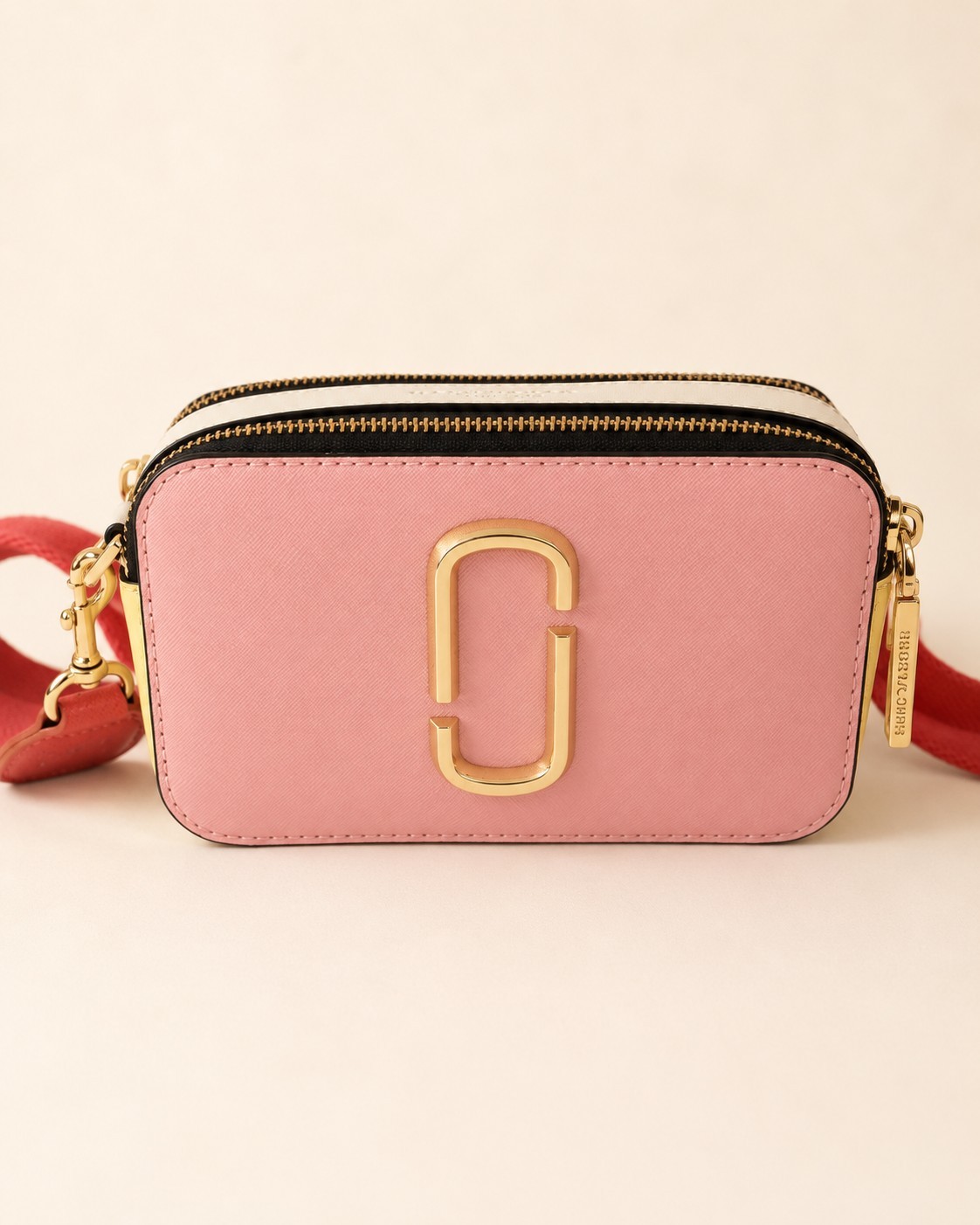 Marc Jacobs Colorblock Double Zip Crossbody Bag Logo Gold Hardware Red Strap