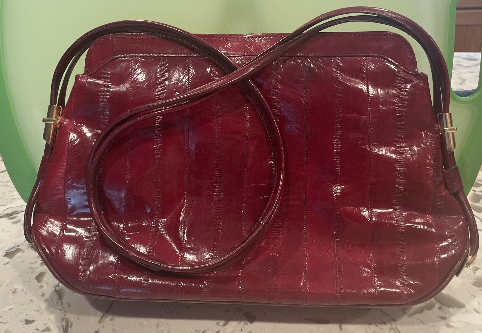 Genuine Eel Skin Shoulder Purse Vintage Handbag Burgundy 8 3/4 In H 12 In W