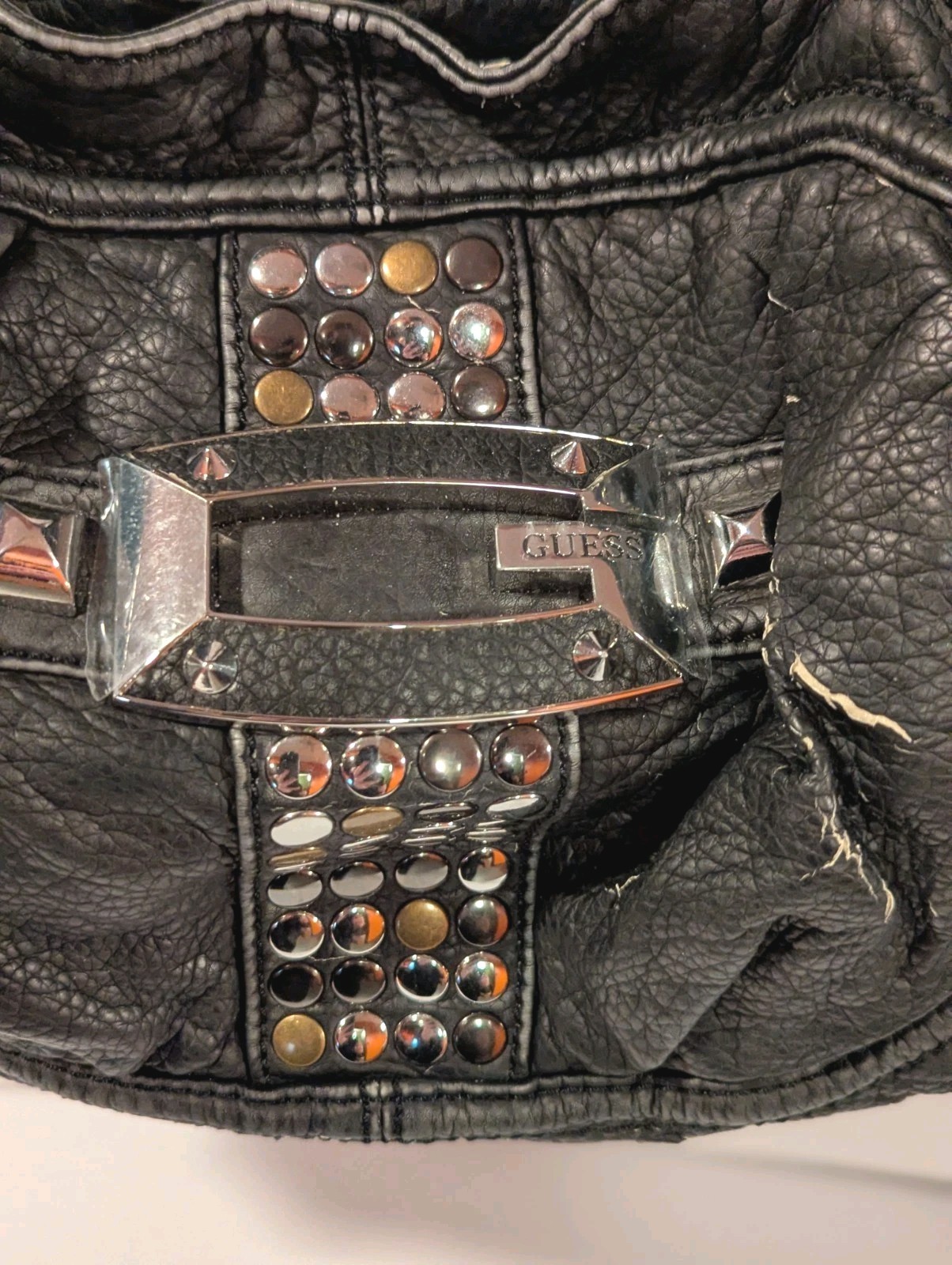 Vintage Y2K Guess Hobo Bag Big G Purse Black Faux Leather Studs Condition Issues