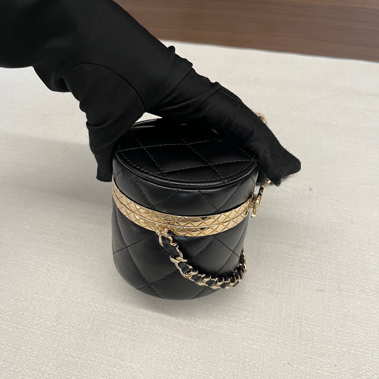 Chanel 22K Mini Black Gold Lambskin Leather Crossbody Cosmetic Bag US Ship