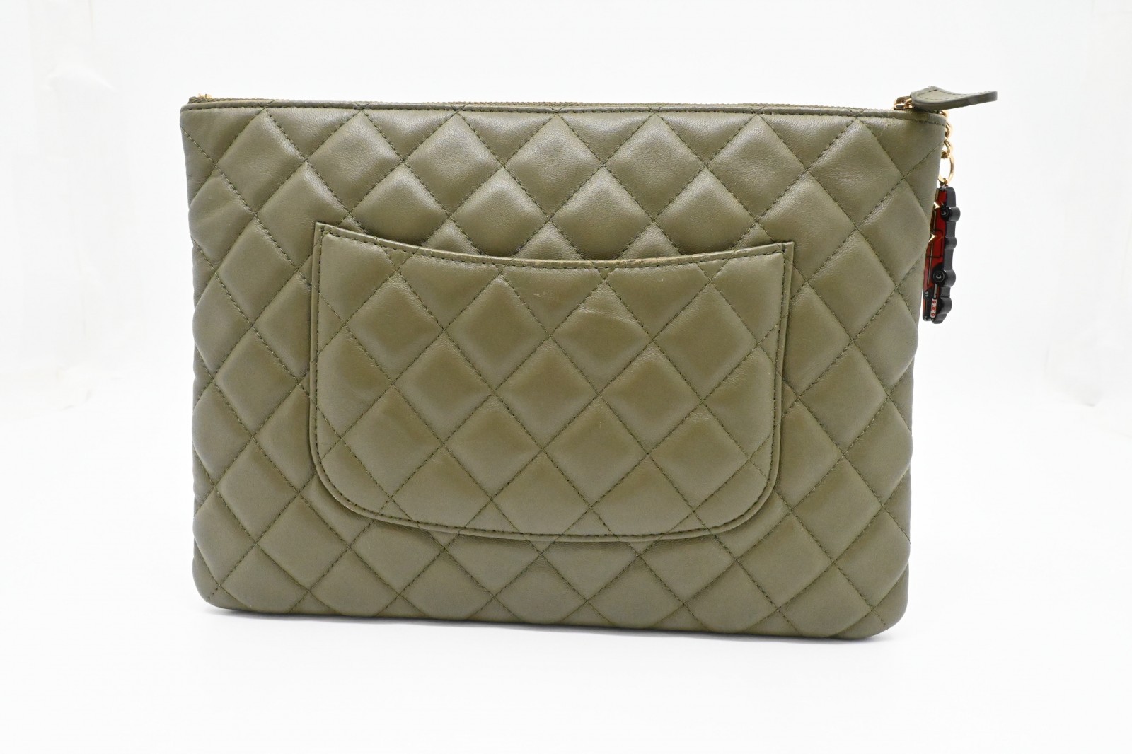 Authentic Chanel Matelasse Clutch Bag in Khaki Leather and Gold Metal