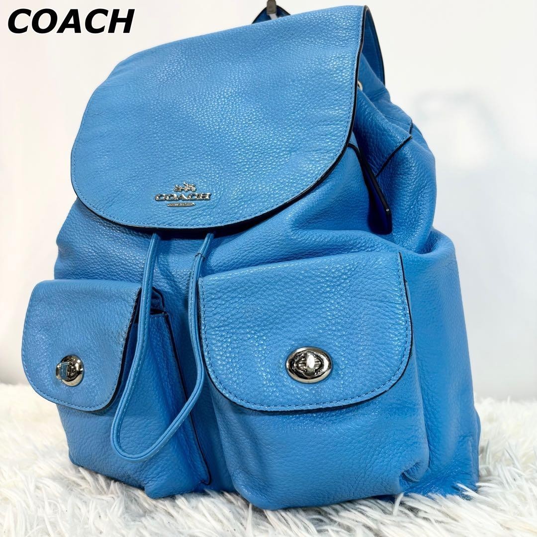 COACH Leather Backpack Turn Lock Pebbled Leather Blue From Japan