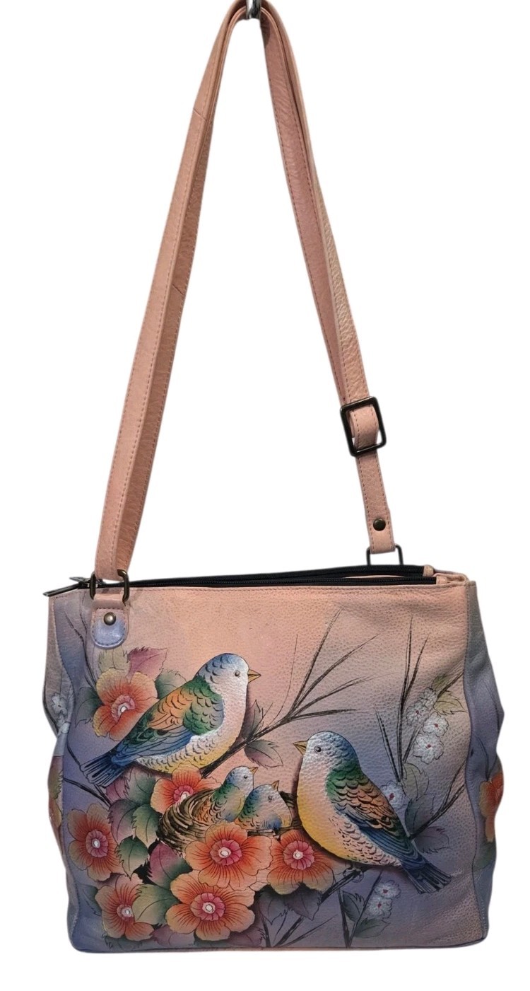 Anuschka Shoulder Bag Multicolor Hand-Painted Bird Family Floral Leather Purse