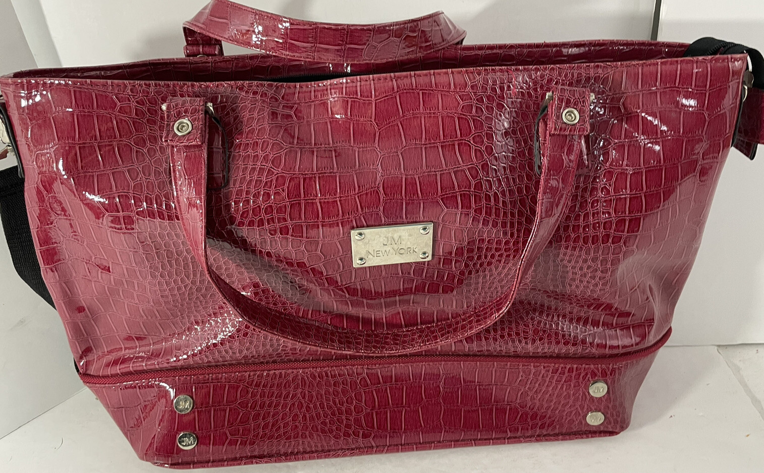 JM New York Tote Travel Tech Bag Brown Patten Croc Pattern Large Spacious Zip
