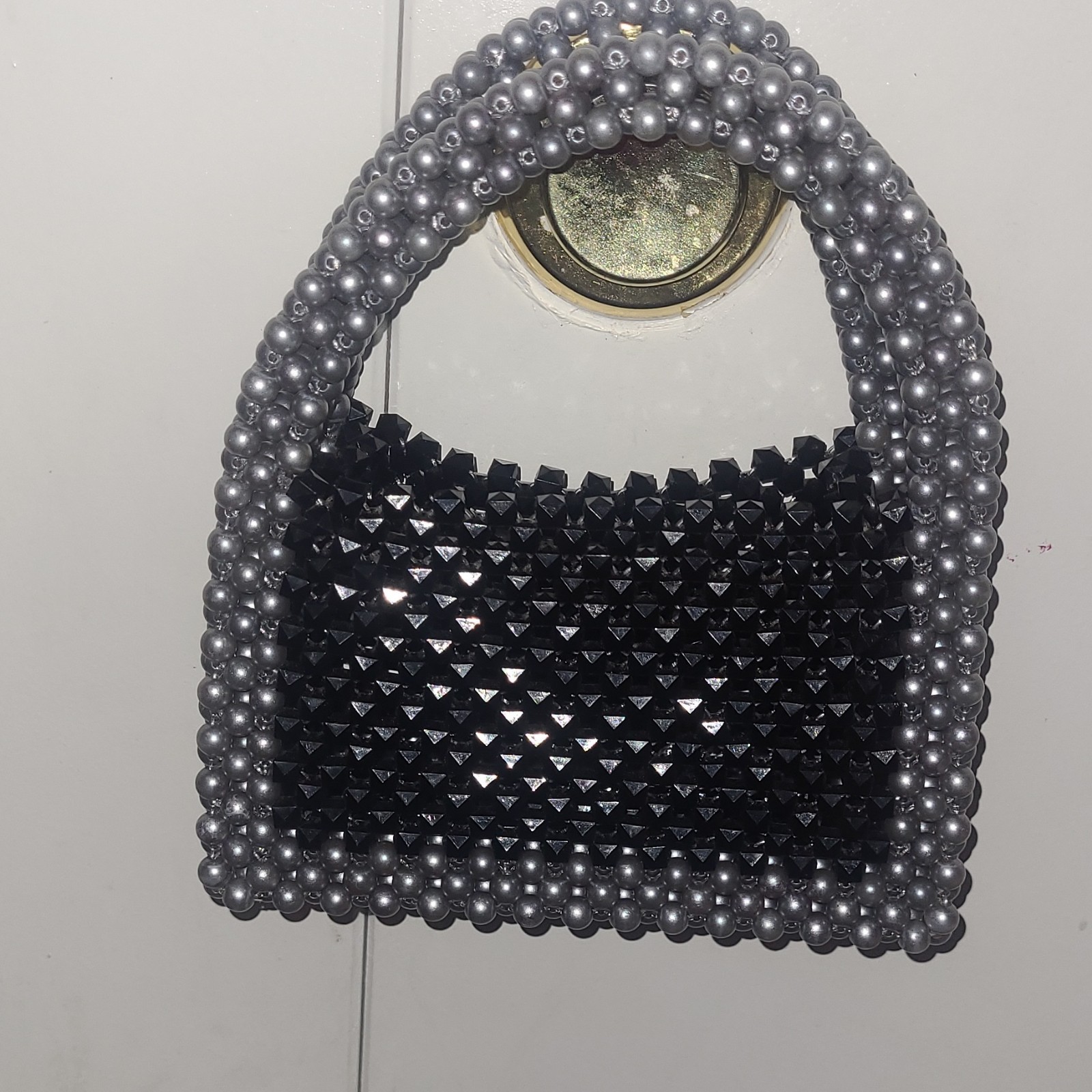 Women’s Rectangle Beaded Top Handle Bag Black/Silver Beaded Pattern Silver