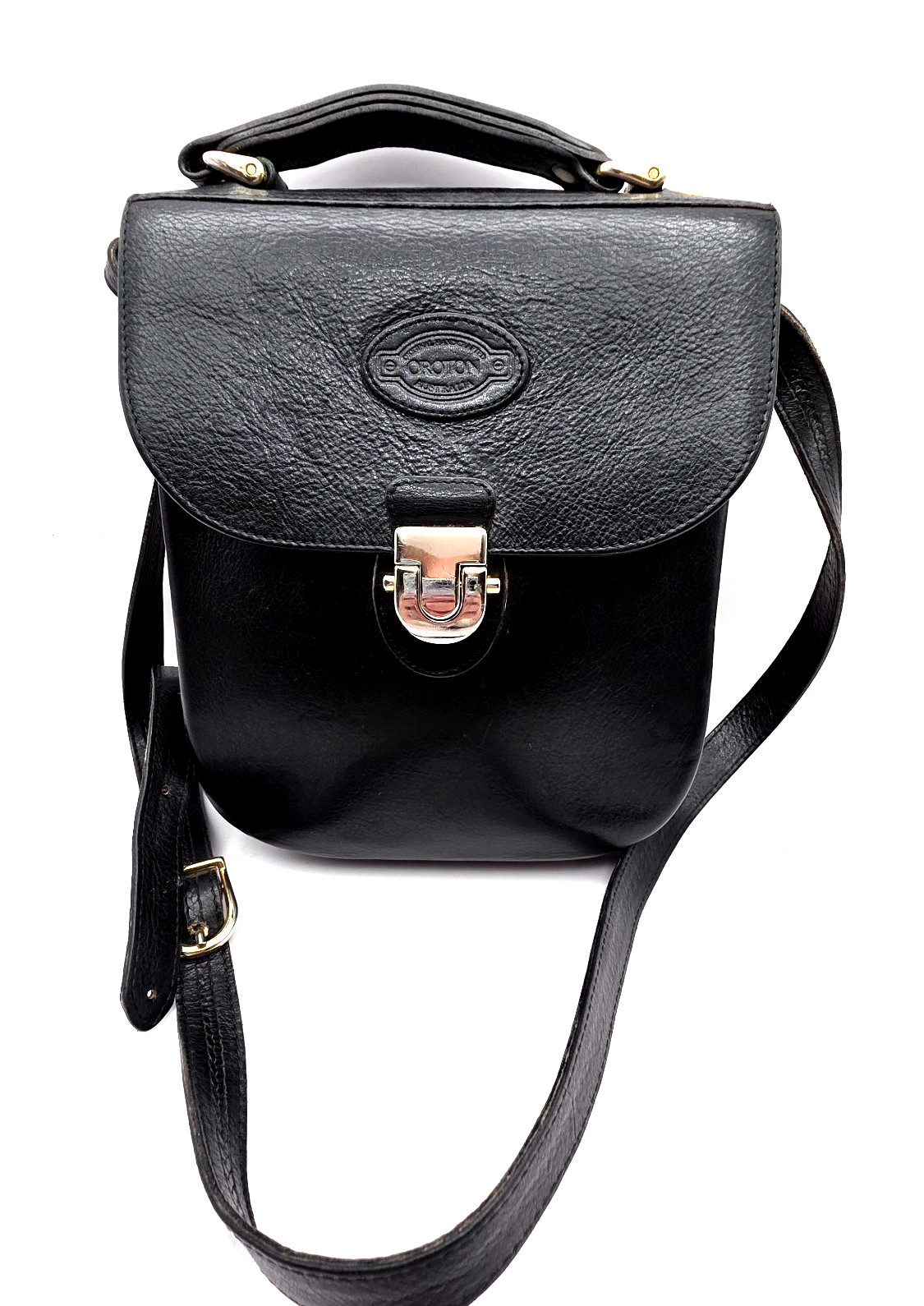 Vintage Oroton Australia Black Leather Crossbody Satchel Bag Silver Hardware