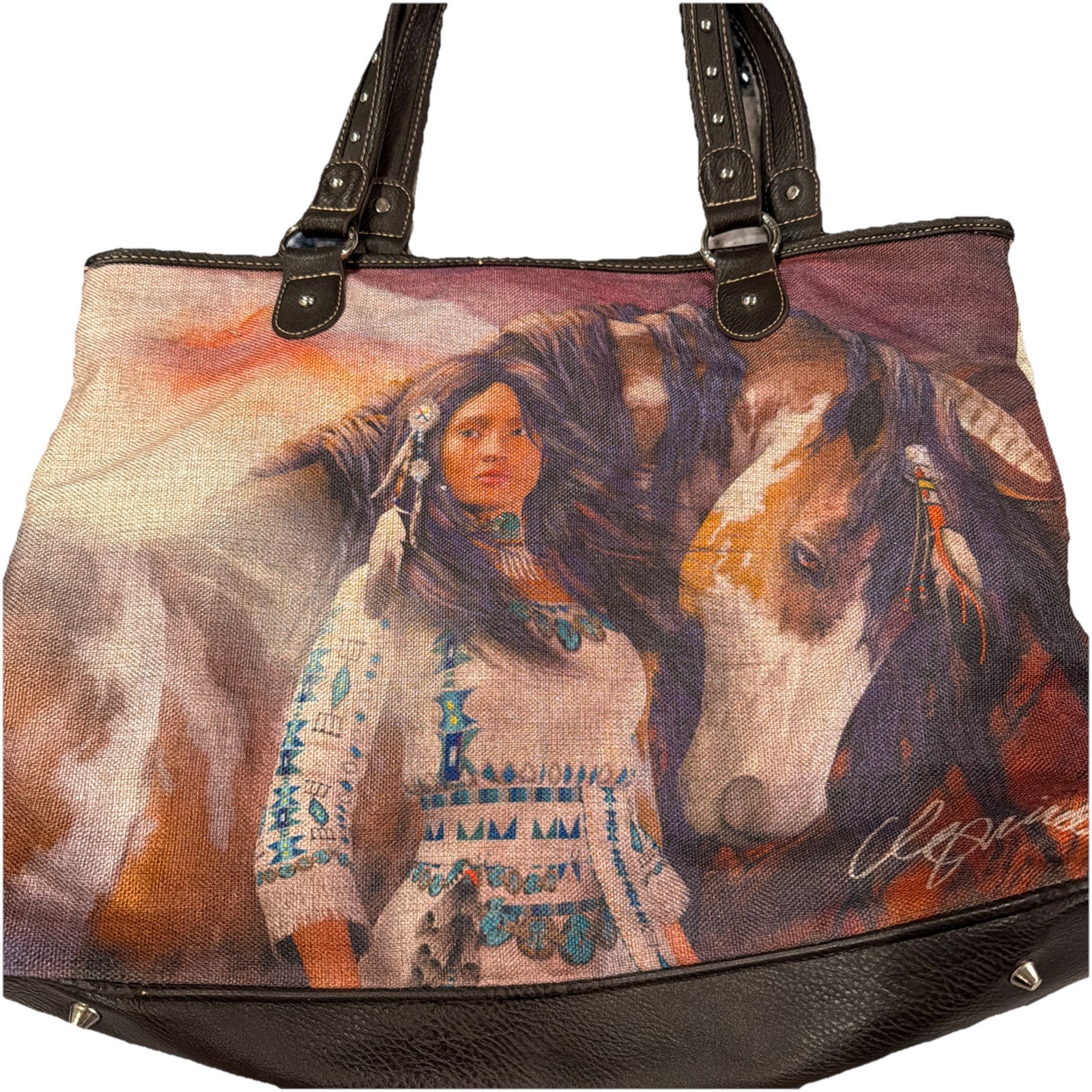 Montana West Laurie Prindle Native American Horse Art Tote Purse 19”x15” READ