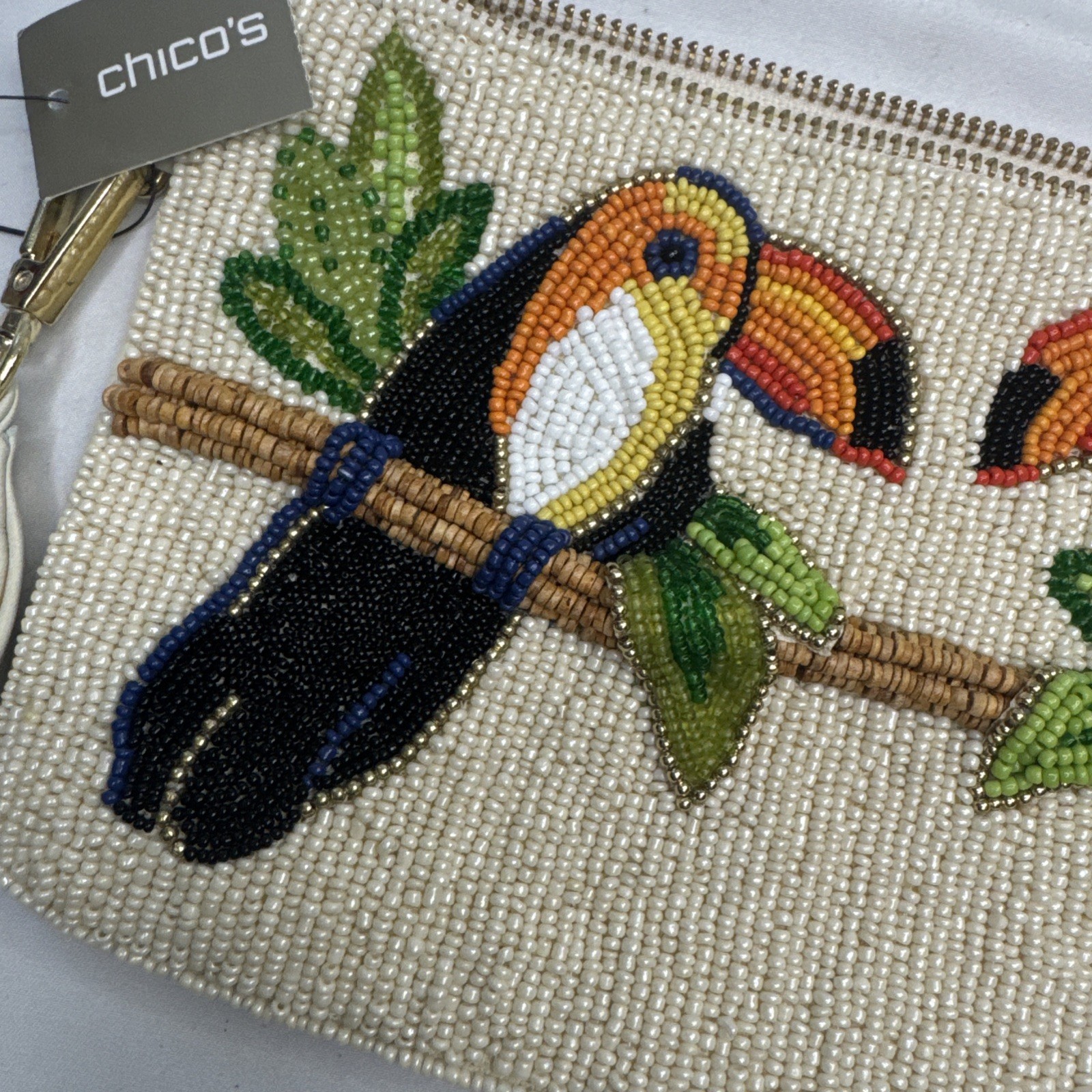 CHICO’S BEADED CLUTCH WRISTLET Toucan Bird Design w/ Beaded Tassel STUNNING! NWT