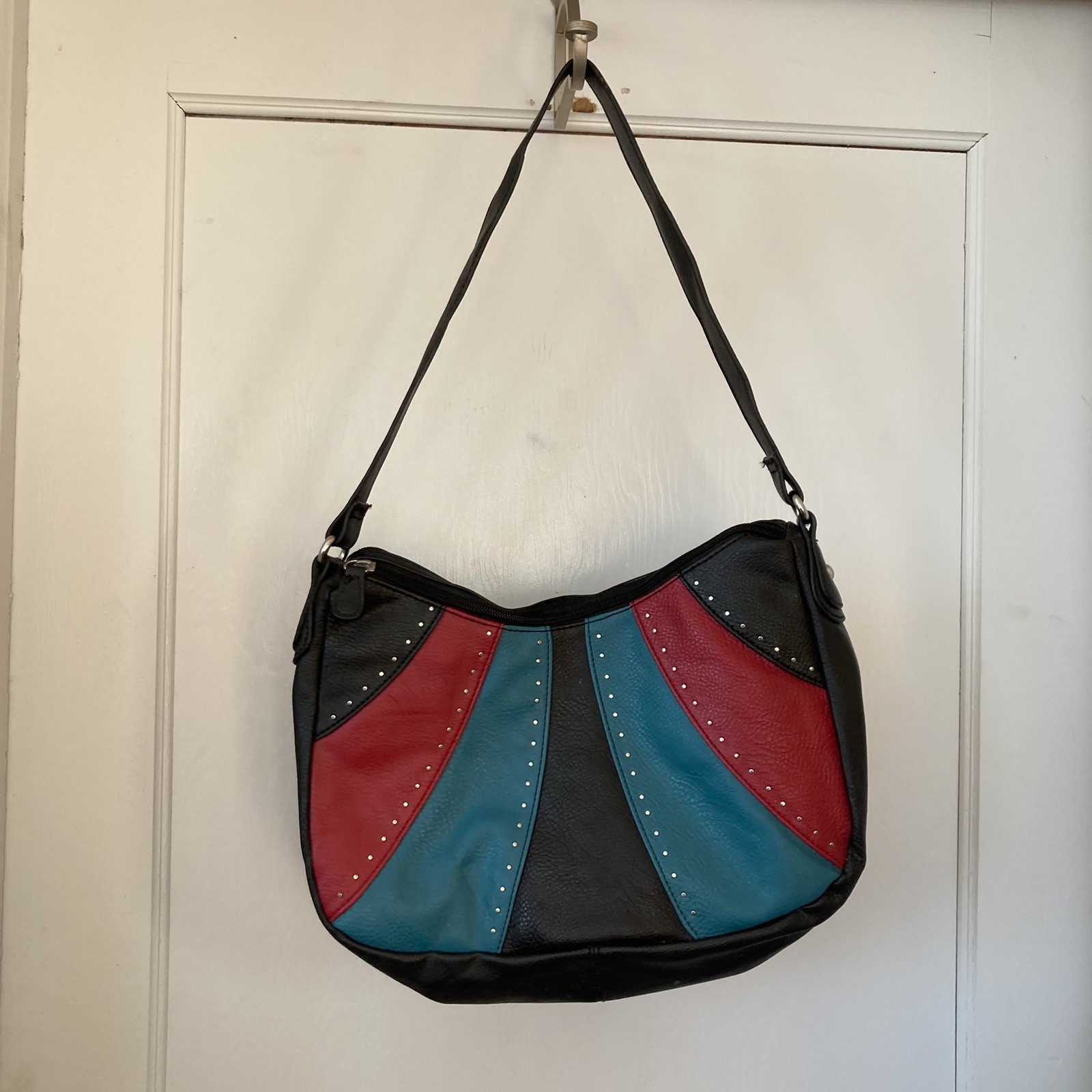 Attention Purse Pebbled Faux Leather Turquoise Red Black Design Nickel Studs