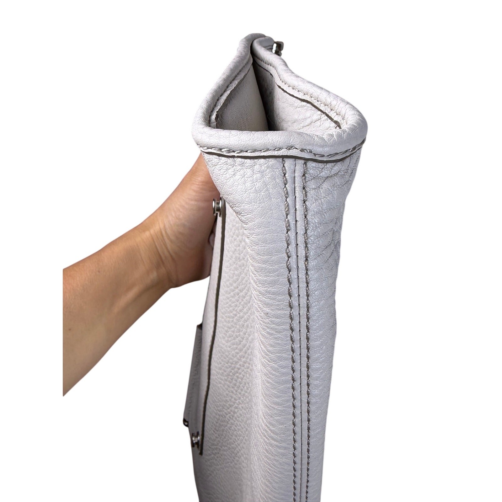 Banana Republic Cream Pebbled Leather Oversized Clutch Silver Handle