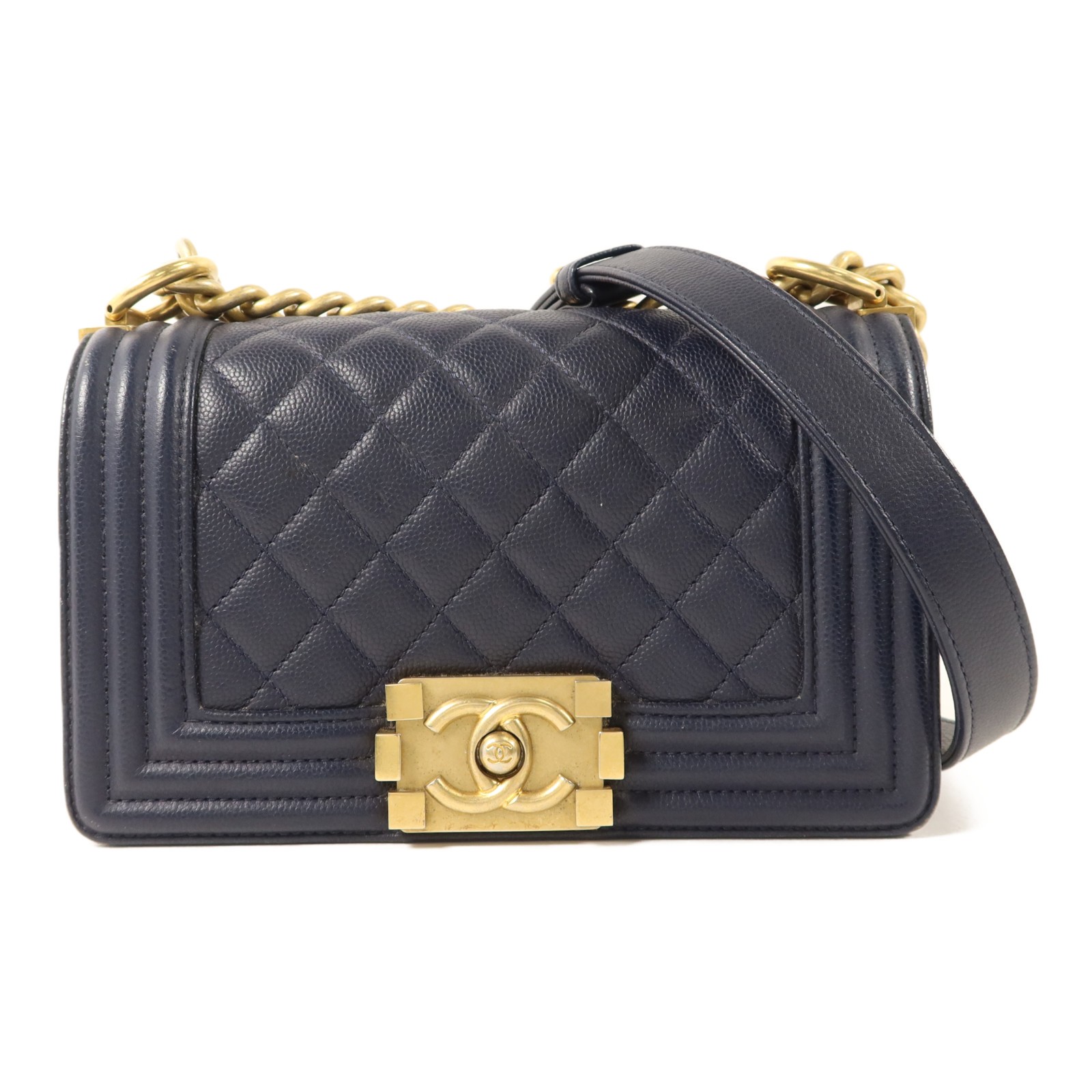 CHANEL CC GHW Boy 20 Chain Shoulder Bag A67085 Calfskin Leather Navy