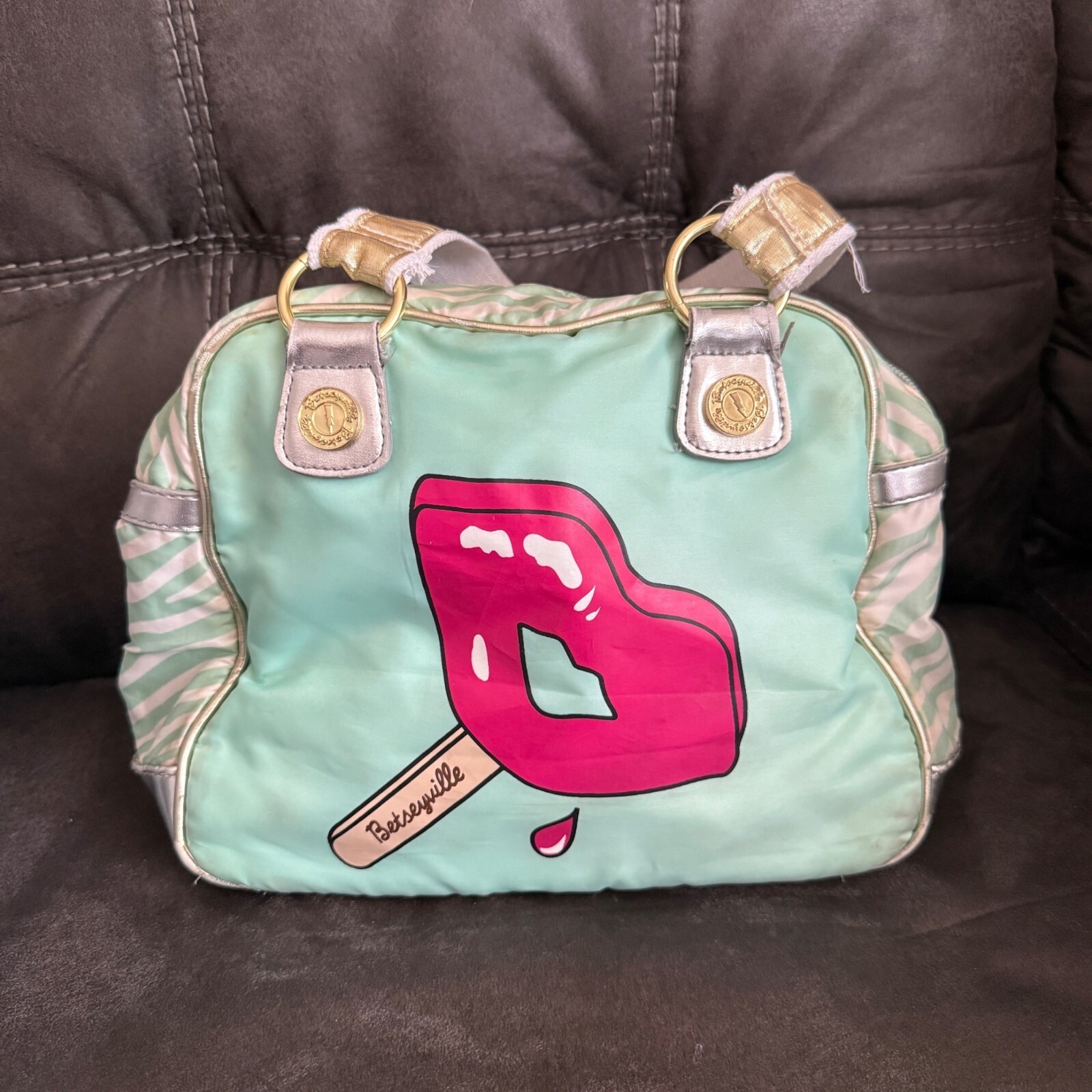 Betseyville Mint Green & Pink Lips Tote Bag With Gold Silver Accents